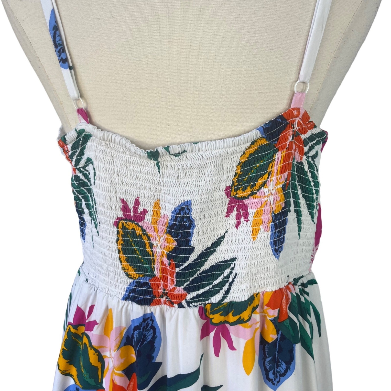 Tropical Floral Print Maxi Midi Sun Dress Adjustable Straps Smocked Back Medium