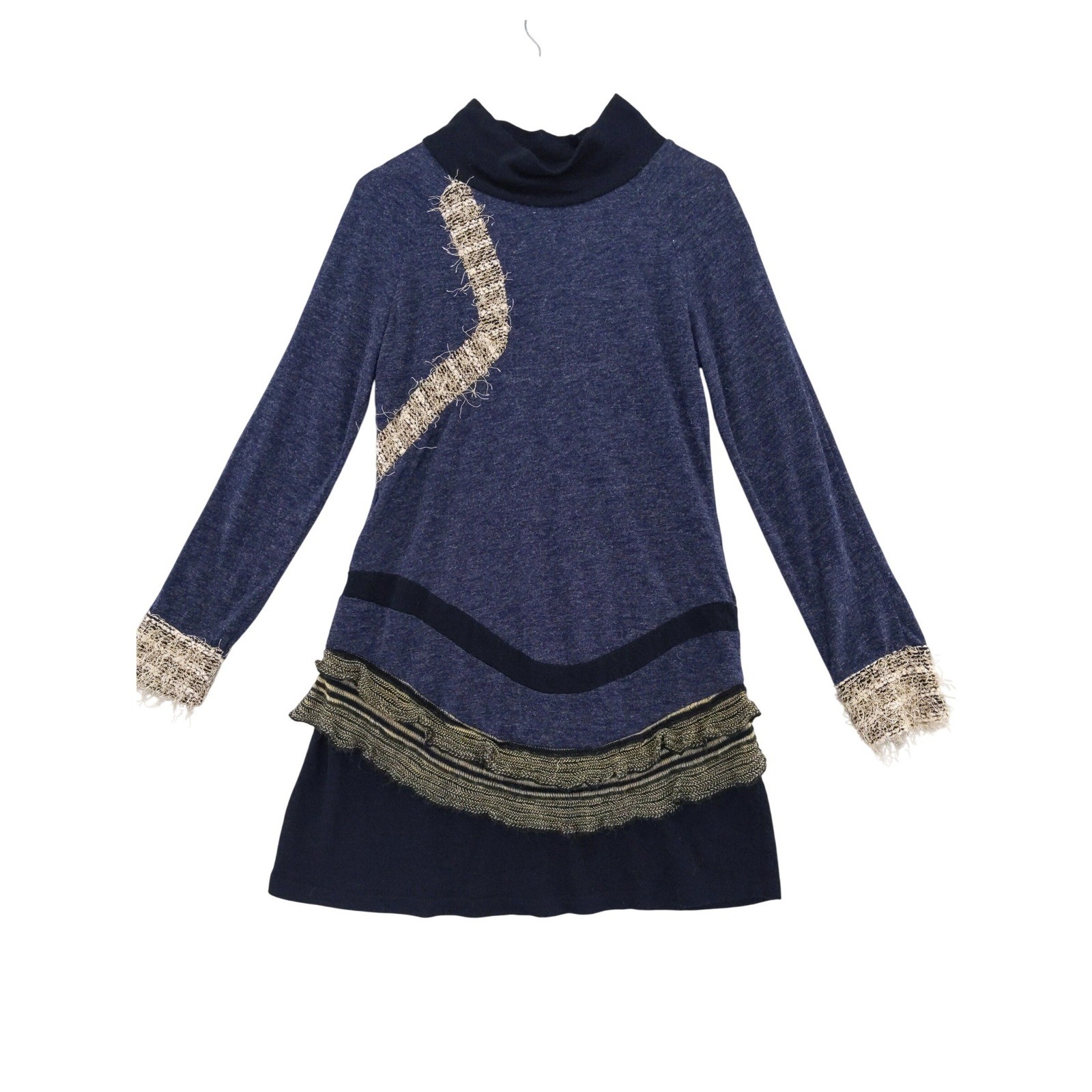Sacred Threads Knit Dress Womens Large Blue Mixed Media Ruffle Boho Mock Neck