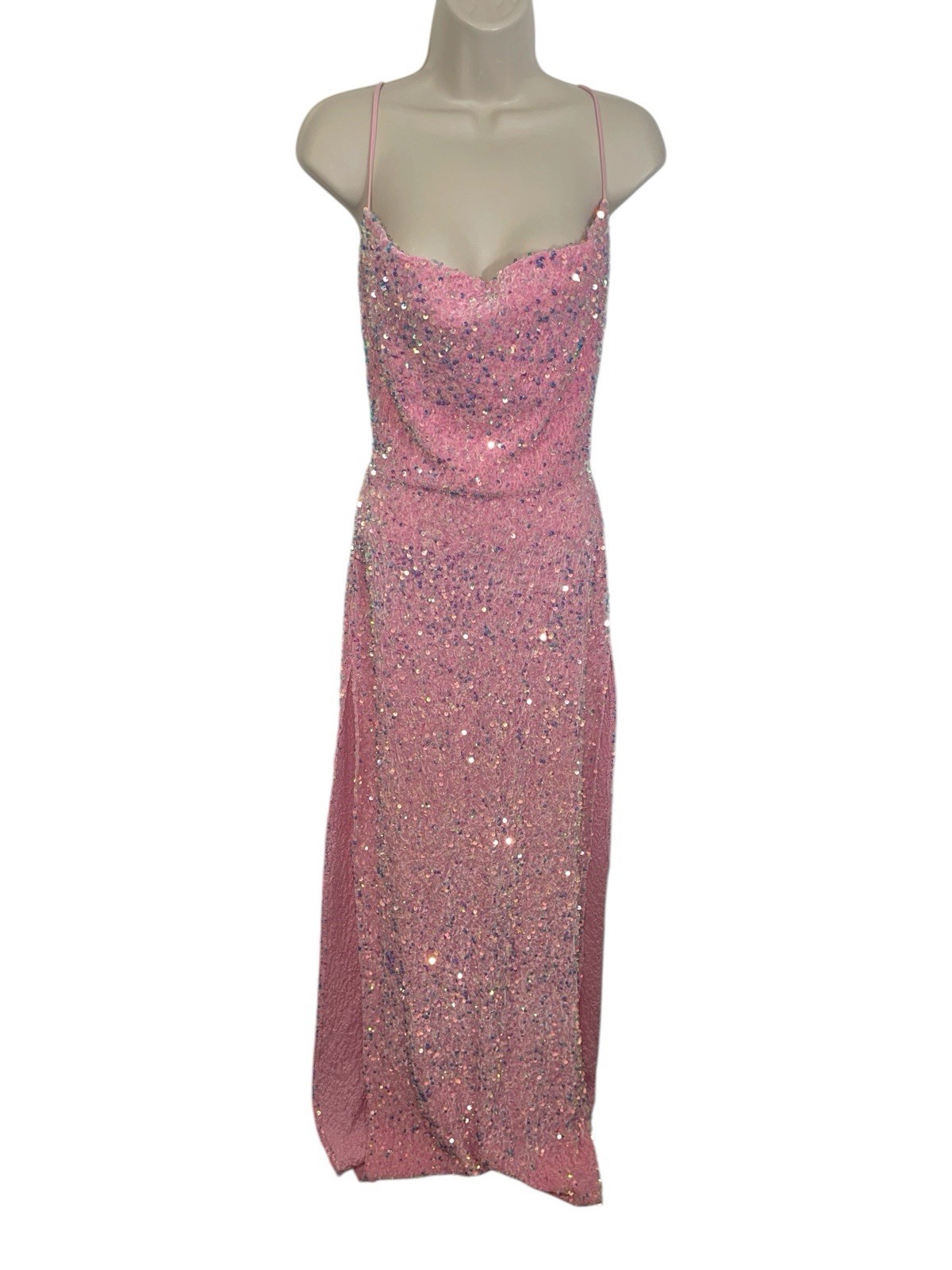 LUCY IN THE SKY Women’s Size Small Pink Sequin High Slit Maxi Dress Lace Up Back