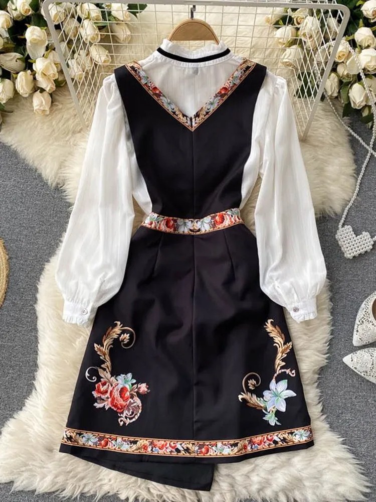 Spring Autumn Elegant 2 Piece Set Overalls Dress Women Bow Collar m-xxl
