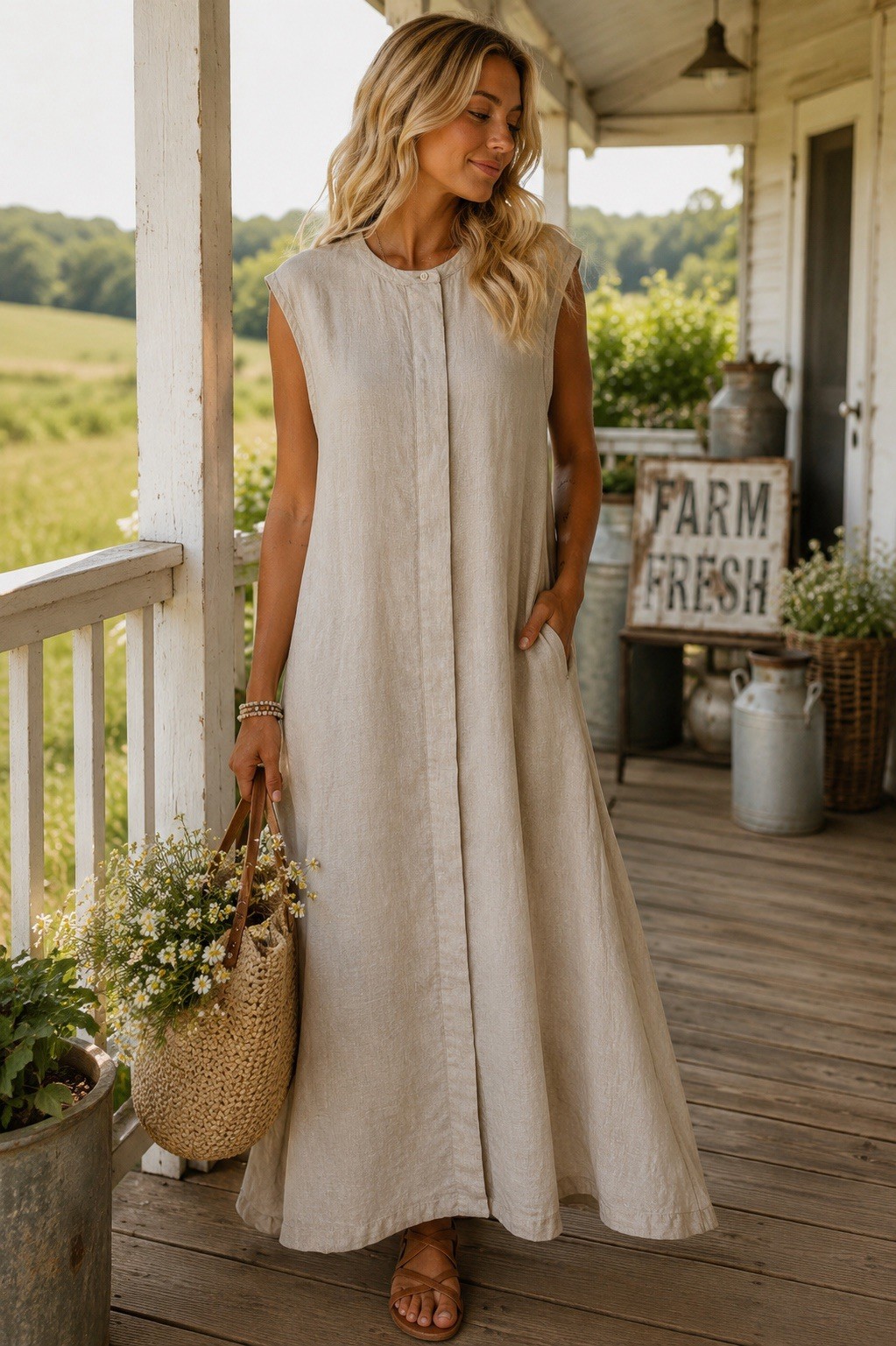 J.Crew 100% Linen Maxi Shift Dress XL Beige Sleeveless Hidden Button Lagenlook