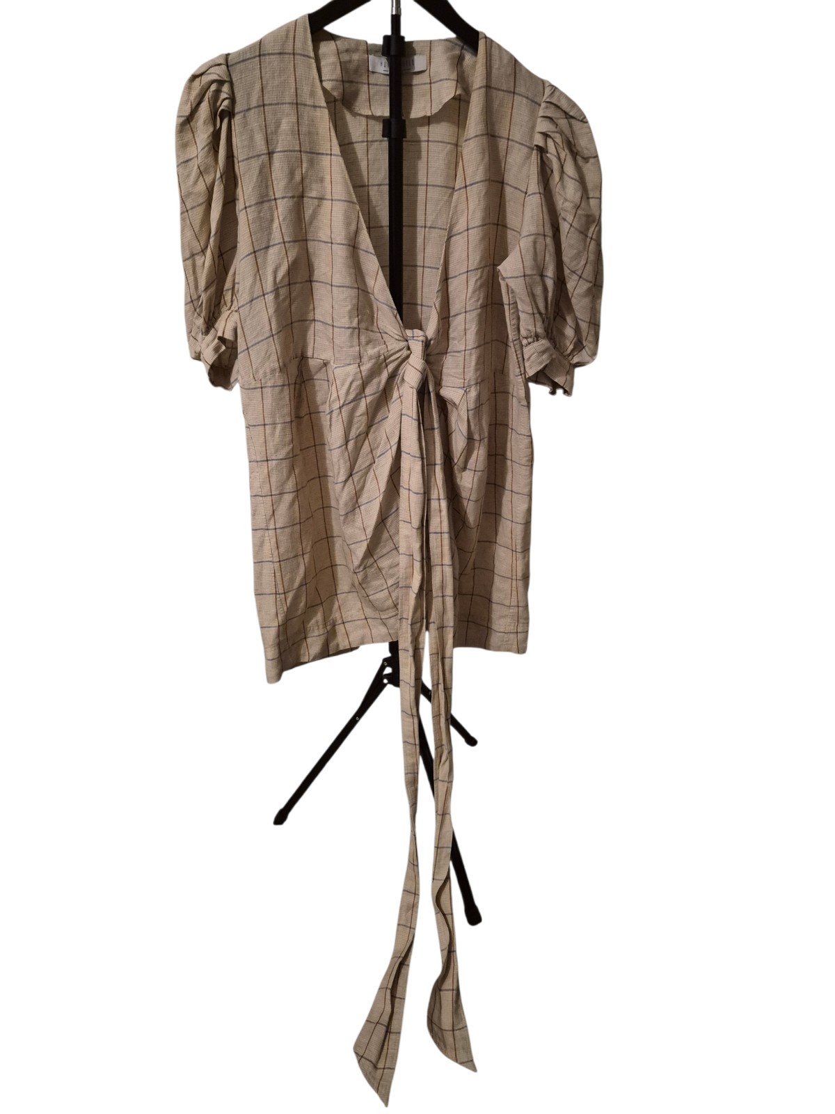 Hunter Bell Mini Plaid Dress M Linen Blend Wrap Puff Sleeve Neutral Preppy