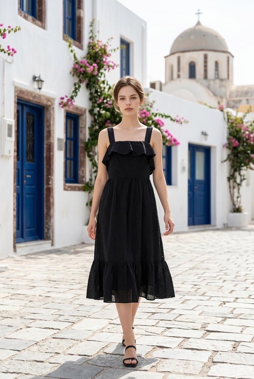 J.Crew Black Cotton Clip Dot Midi Dress Ruffle Smocked Size 10 Lined