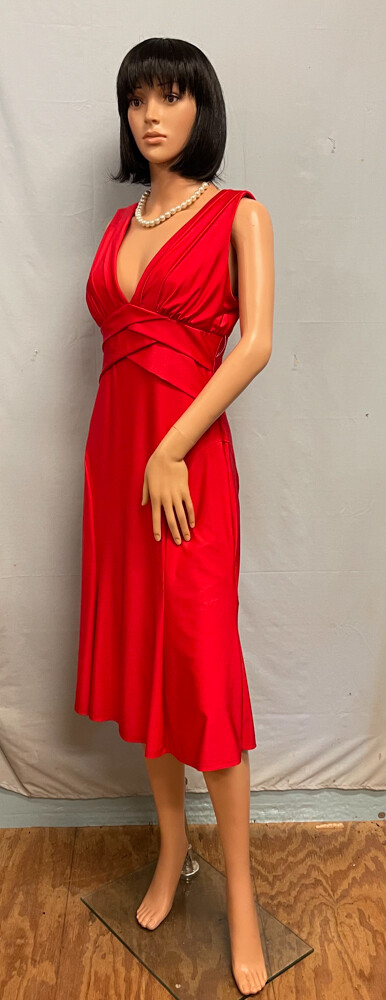 MARINA Cherry Red Pleated Stretch Sleeveless Dress 8 NWT
