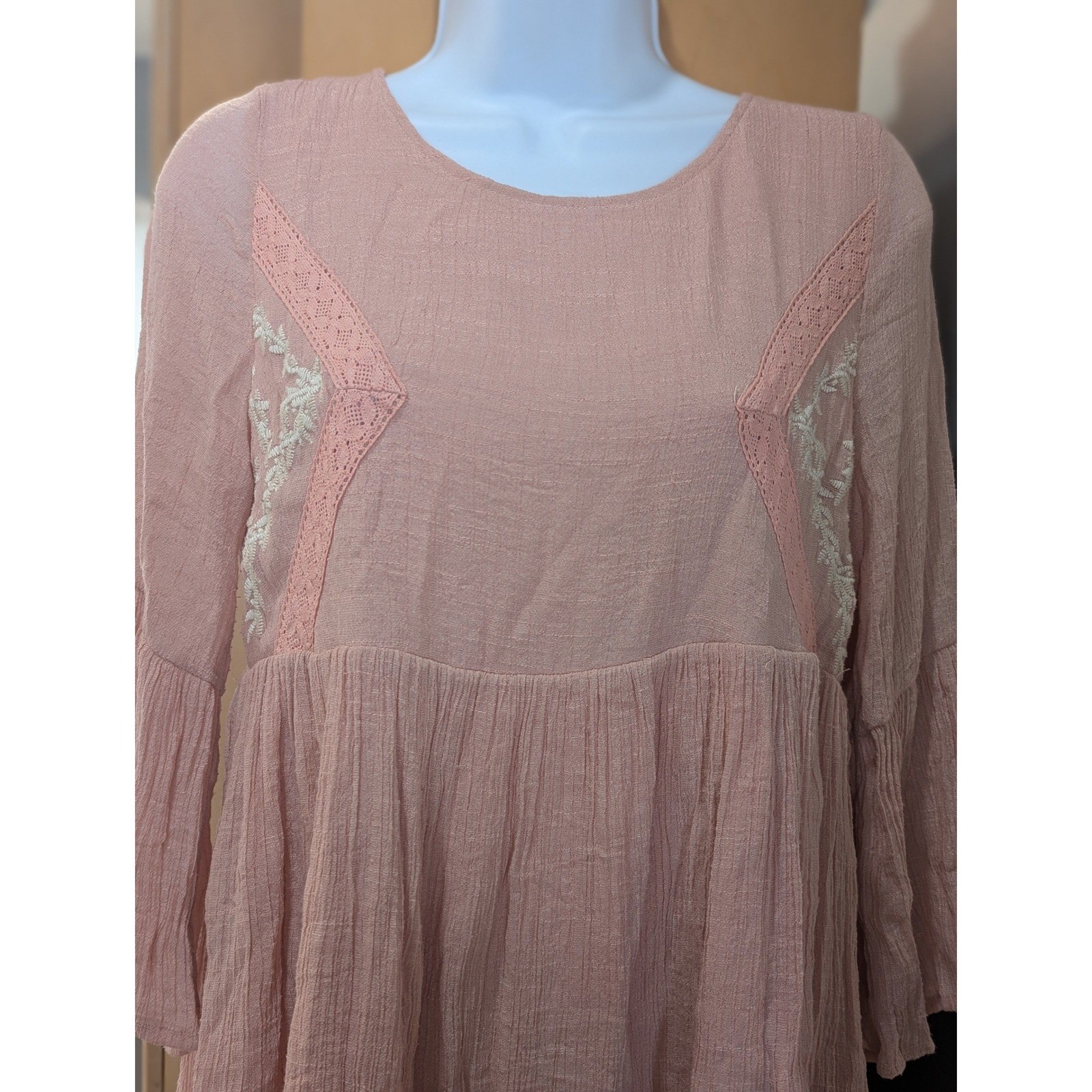 Tassels N Lace Pink Embroidered Bell Sleeve Babydoll Mini Boho Dress Small
