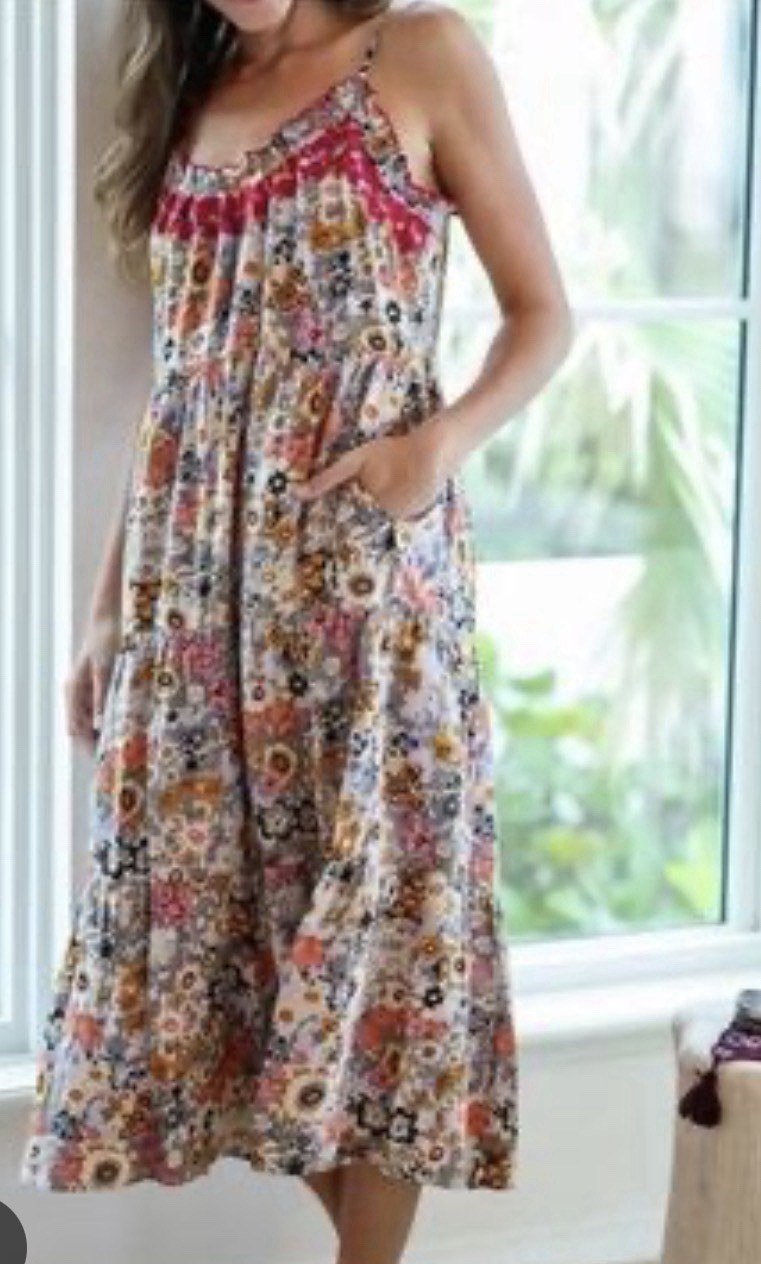 NEW Natural Life Sz L Garden Floral Midi Dress Hippie Coastal Cottage Festival
