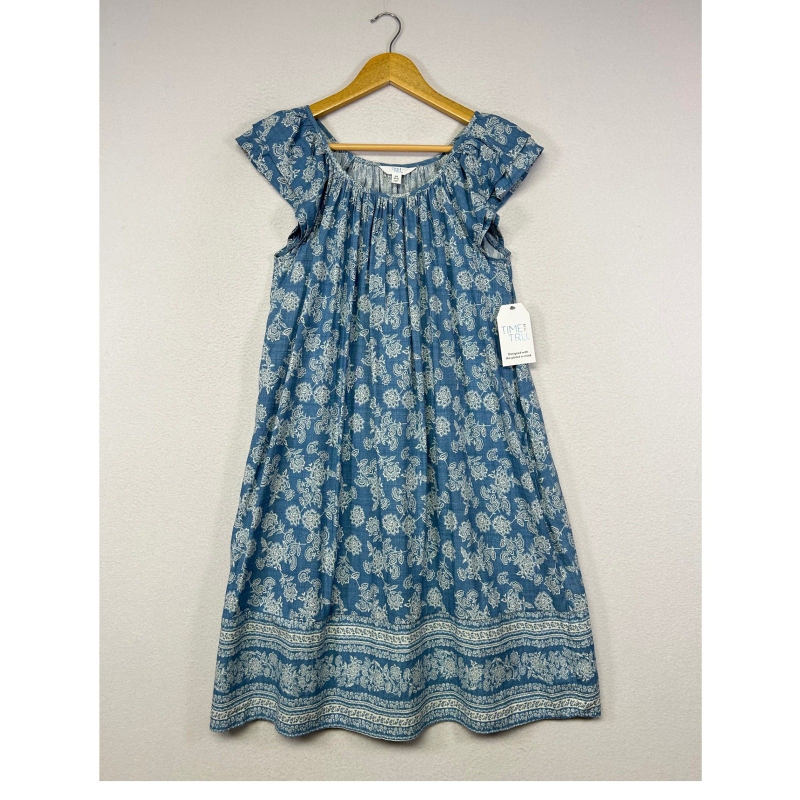 Boho Cottagecore Time and Tru Women XS Blue Floral Cap Sleeve Pocket Shift Dress