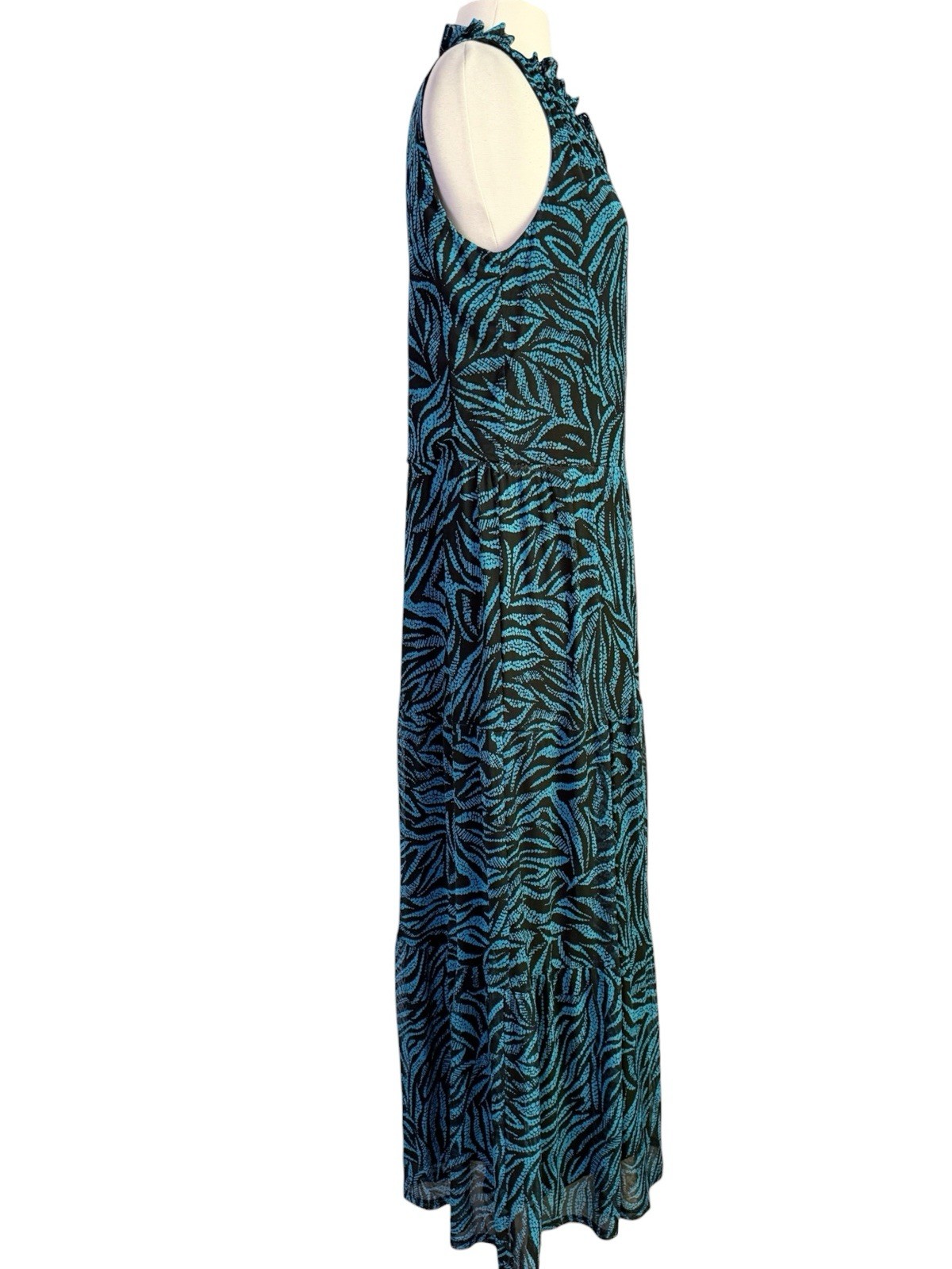 Harper 241 Blue Mesh Lined Leaf Print Tiered Boho Tie Neck Maxi Dress M