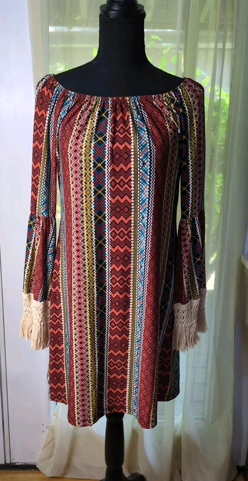 2 B Together Women’s Small, Tunic Dress Crochet Fringe Bell Sleeve, Boho