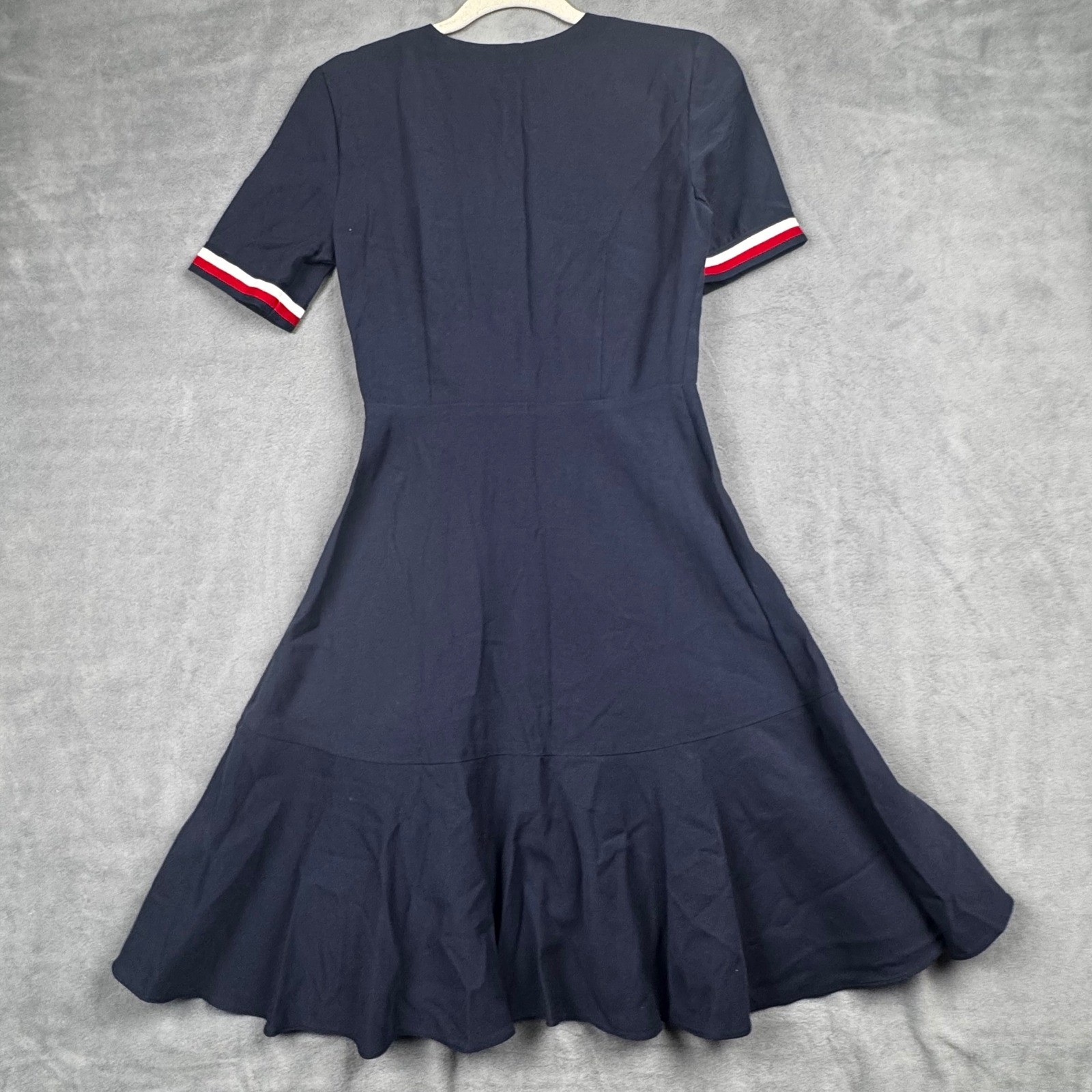 Tommy Hilfiger Navy Blue Faux Wrap Midi Dress Red White Stripe Cuffs XS