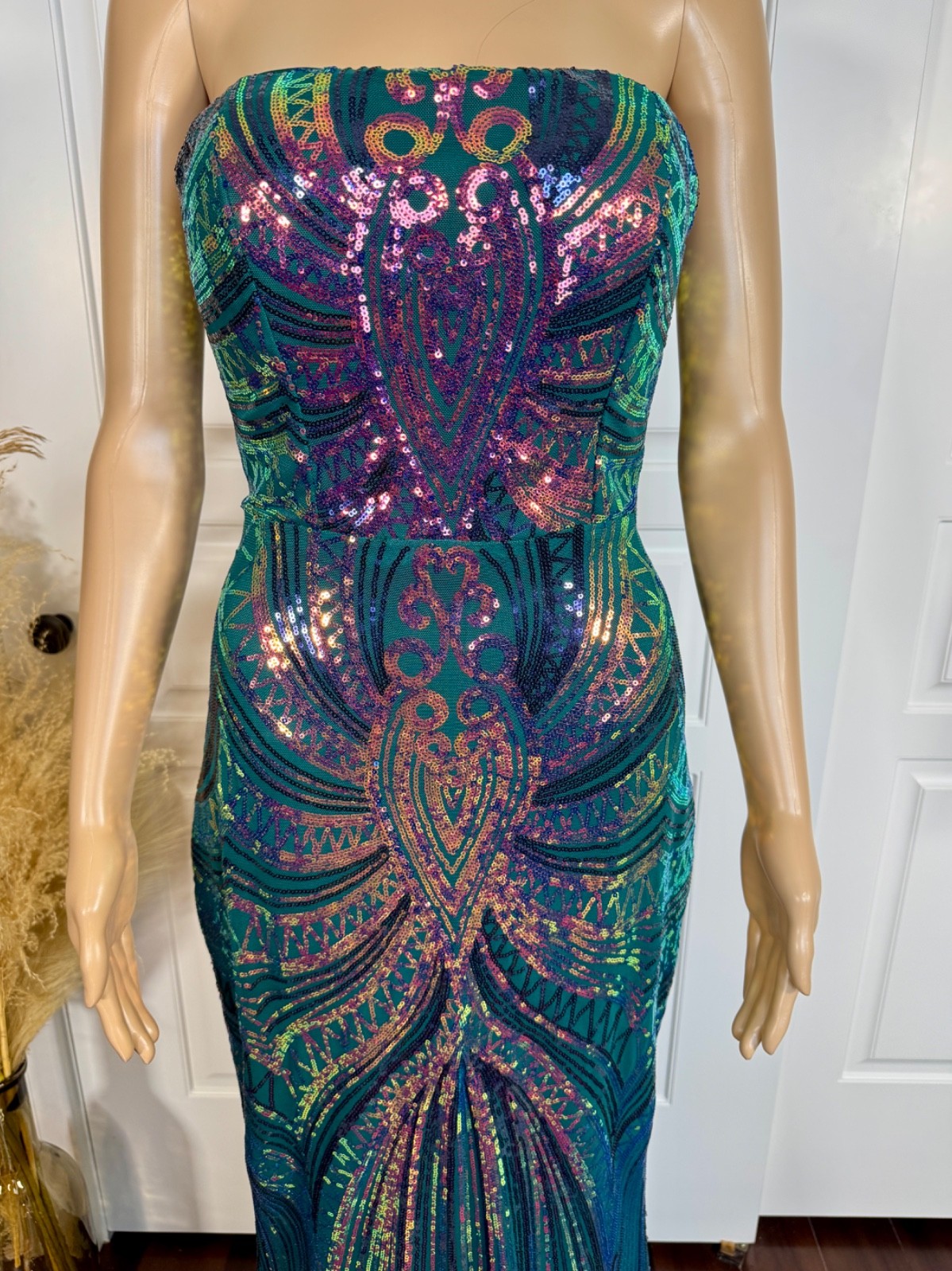 SHEIN MULTI COLOR STRAPLESS LONG SEQUIN EVENING DRESS GOWN