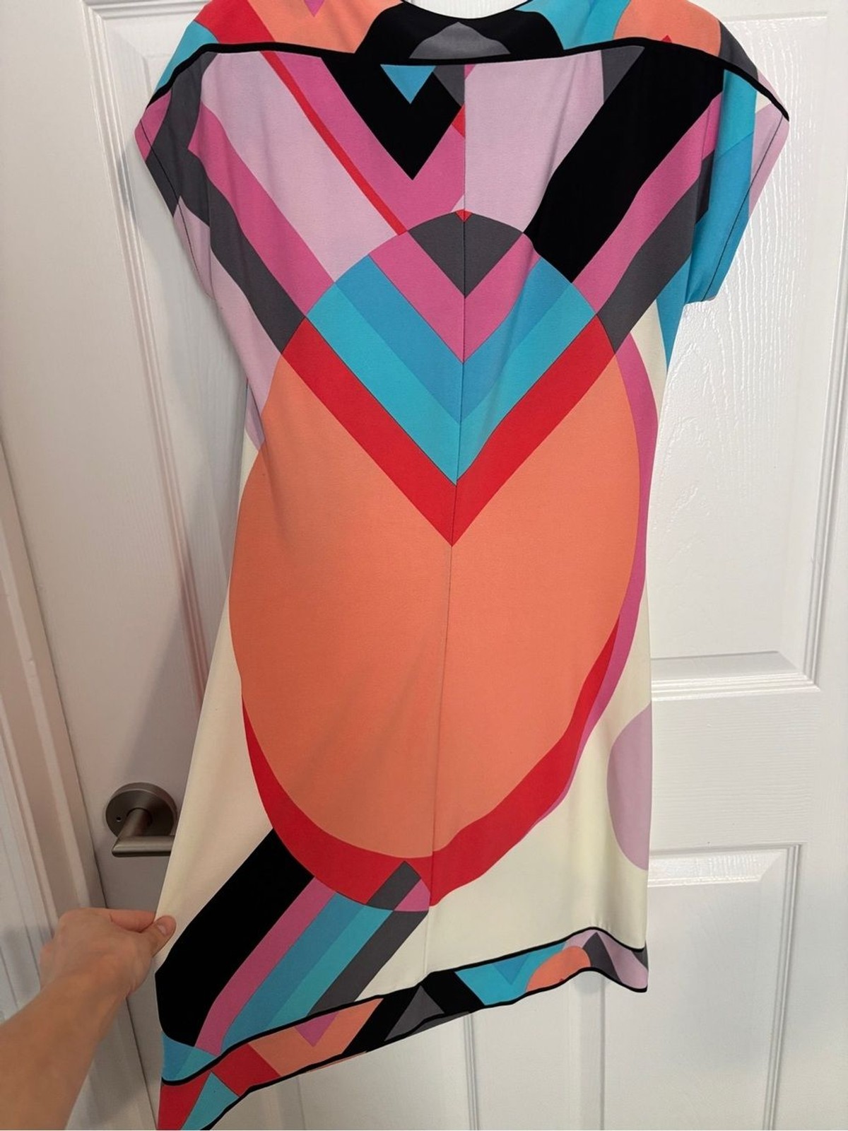 Donna Morgan Geometric Colorblock Shift Dress Pink Coral Teal Mod Print Size 2