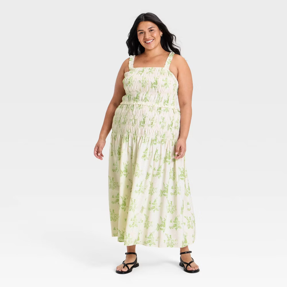 Women Smocked Maxi A-Line Dress – Universal Thread Green Floral 2X