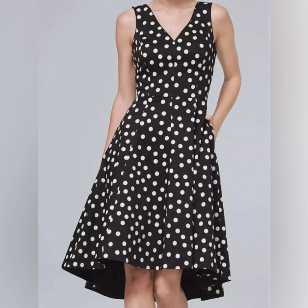 White House Black Market Dress Womens 4 Black Sateen Polka Dot Fit Flare Hi Low