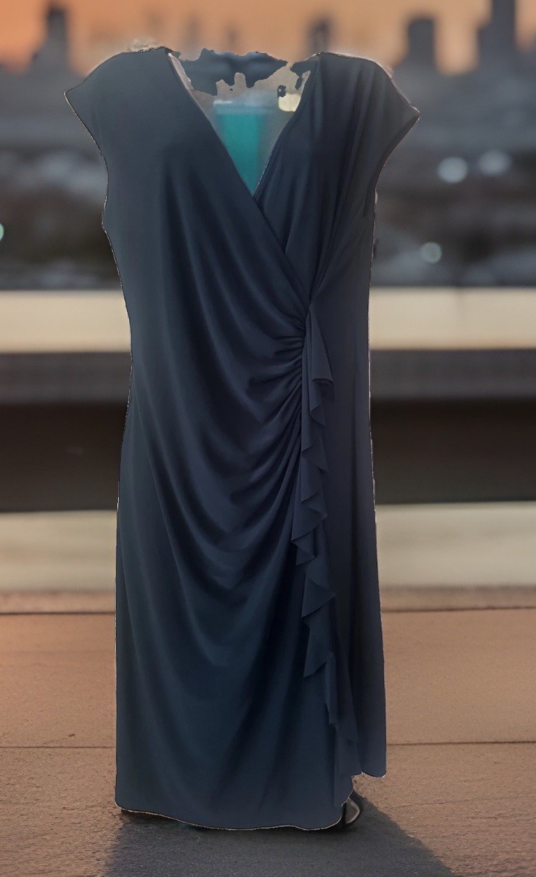 ESTABLISHED 1962 Black V-Neck Cap-Sleeve Faux Wrap Stretchy Dress Size 12