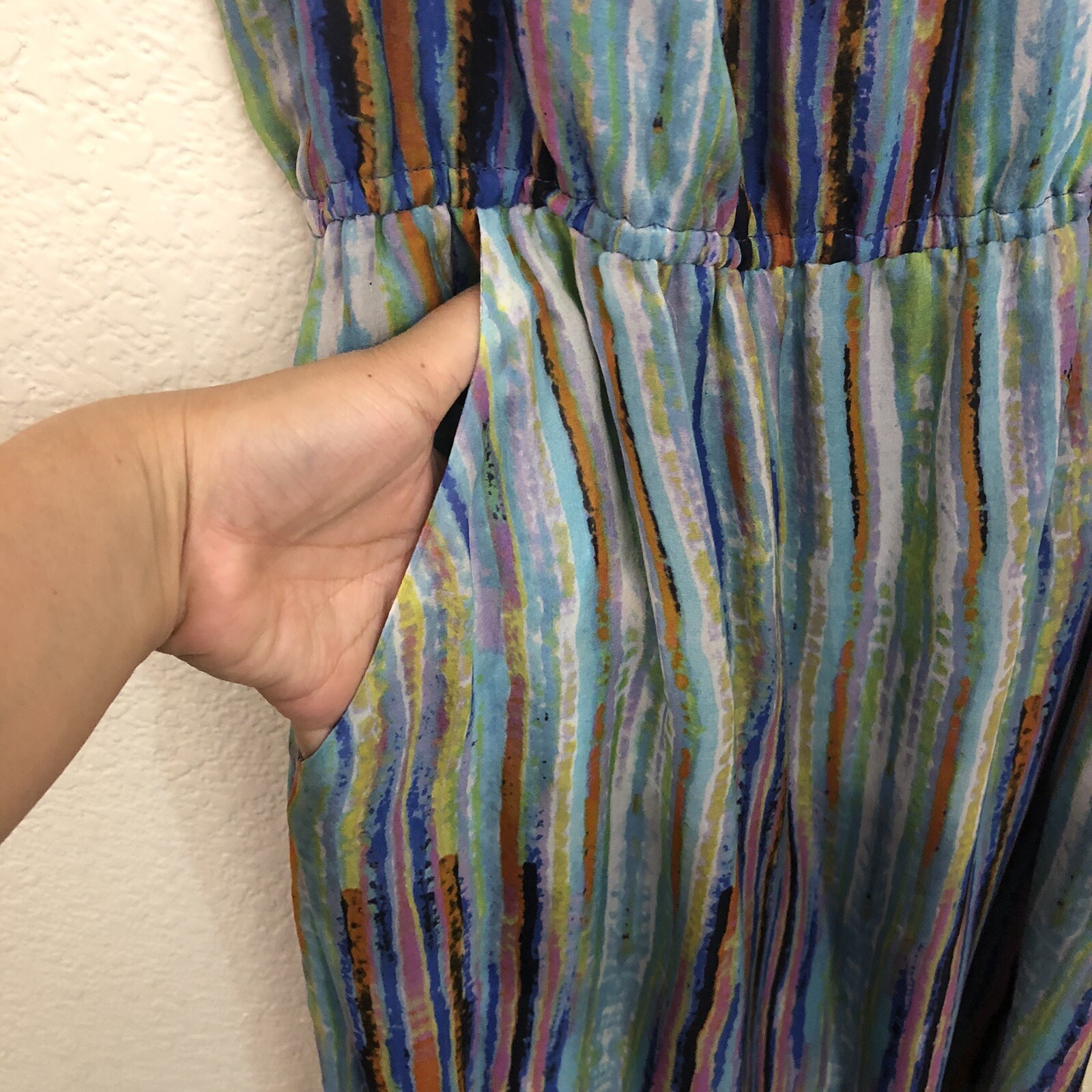 Presley Skye Small Long Maxi Dress Braided Spaghetti Strap Pockets Watercolor