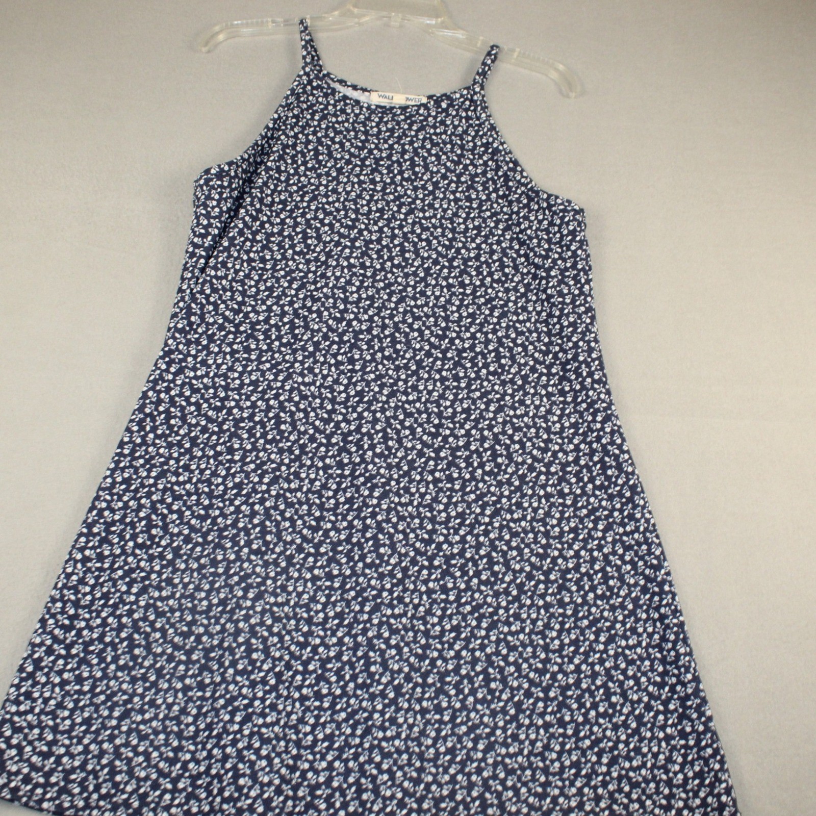 Wallflower Dress Floral High Neck Trapeze L Navy Blue White Summer Mini Stretch