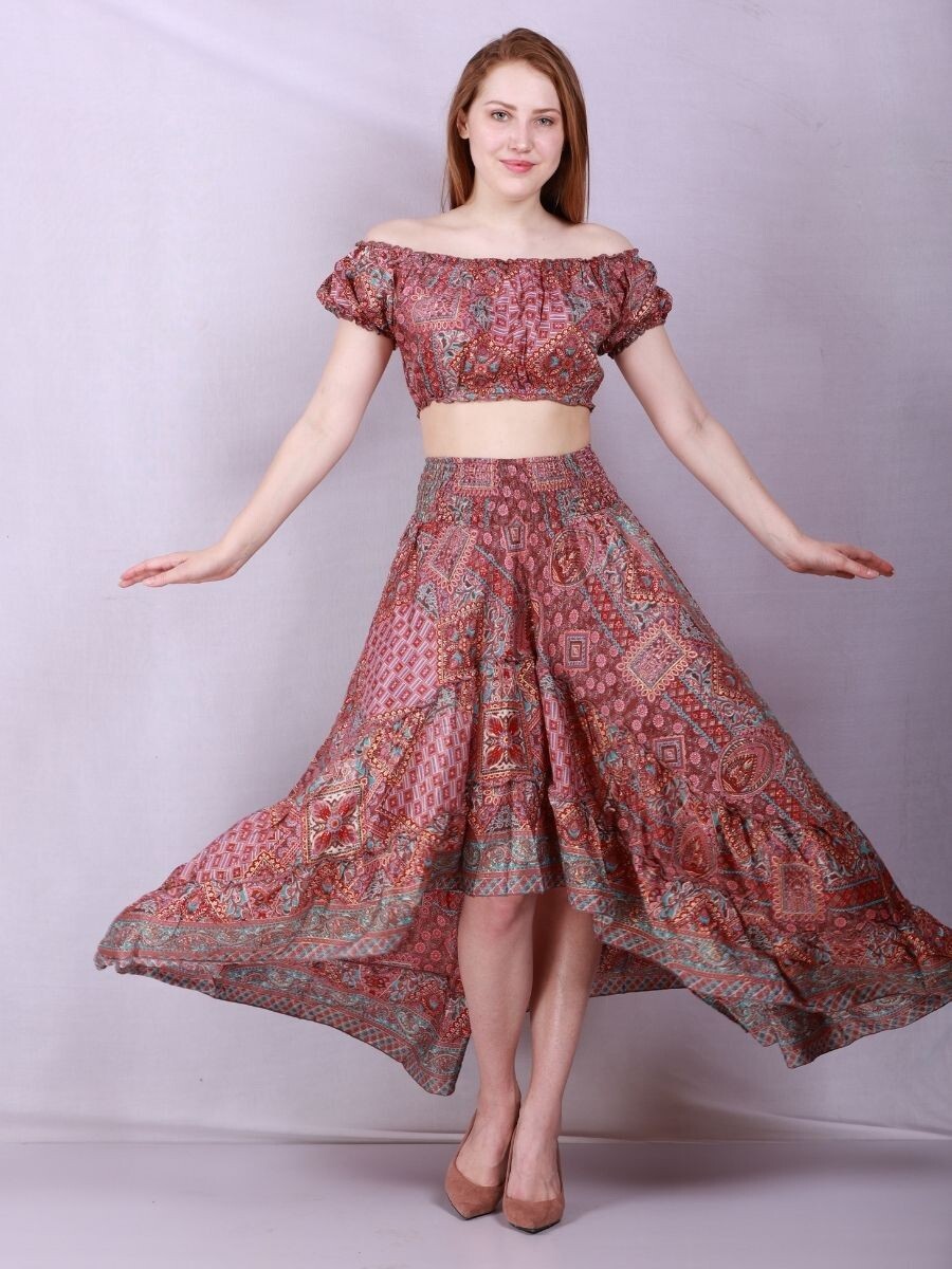 Women’s Boho Printed Crop Top & High Low Skirt Two Piece Set Assorted 10 pcs