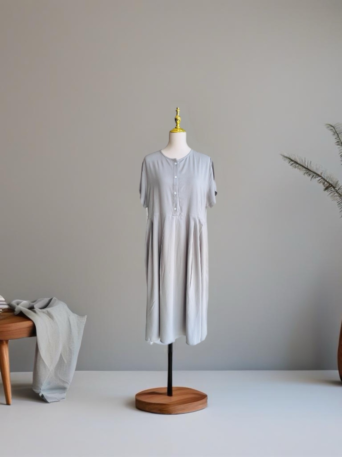0004/ Four Buttons Front Dress, Grey Color Dress