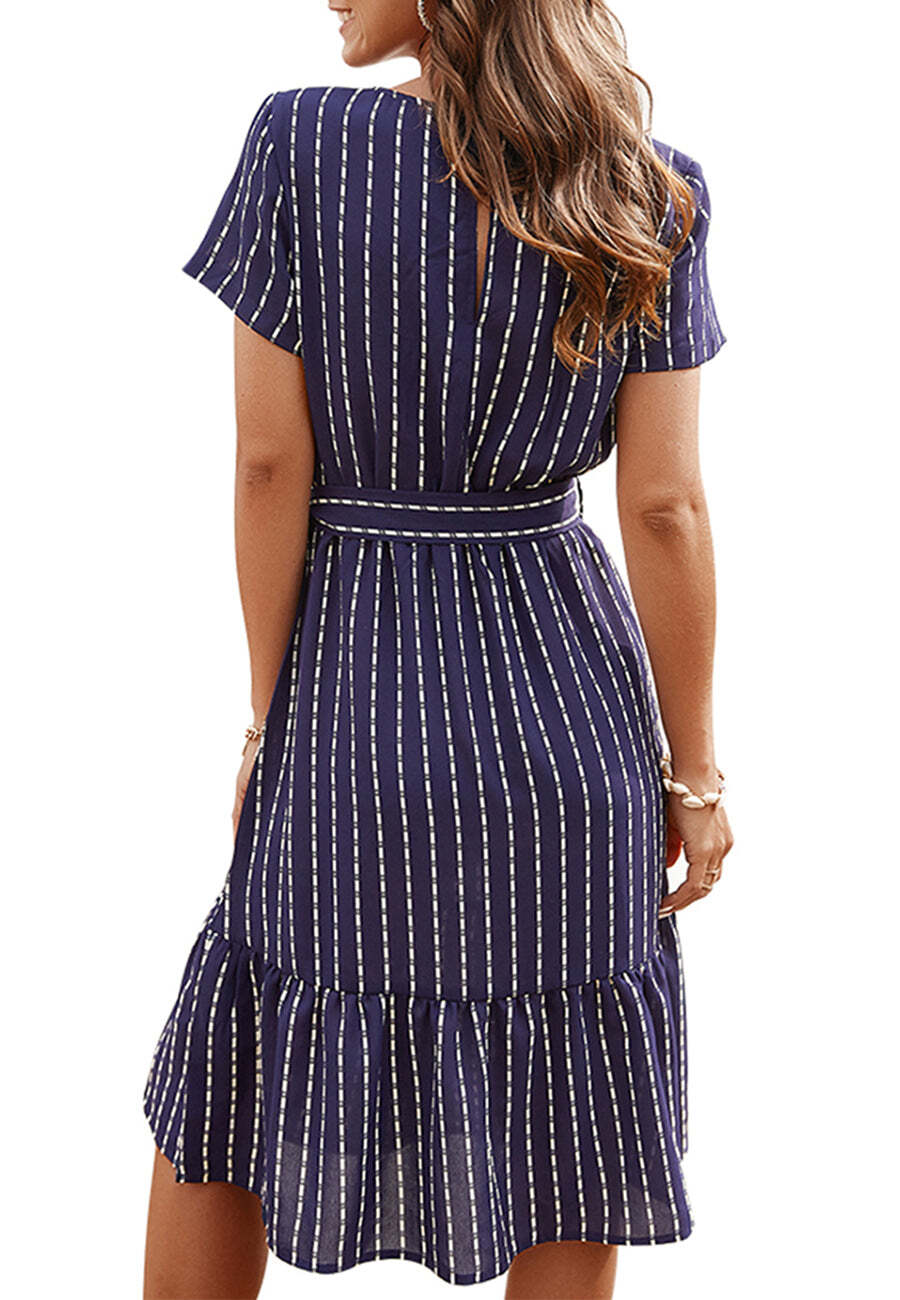 Vertical Striped Short Sleeve Ruffle Flowy Swing Dress With Belt