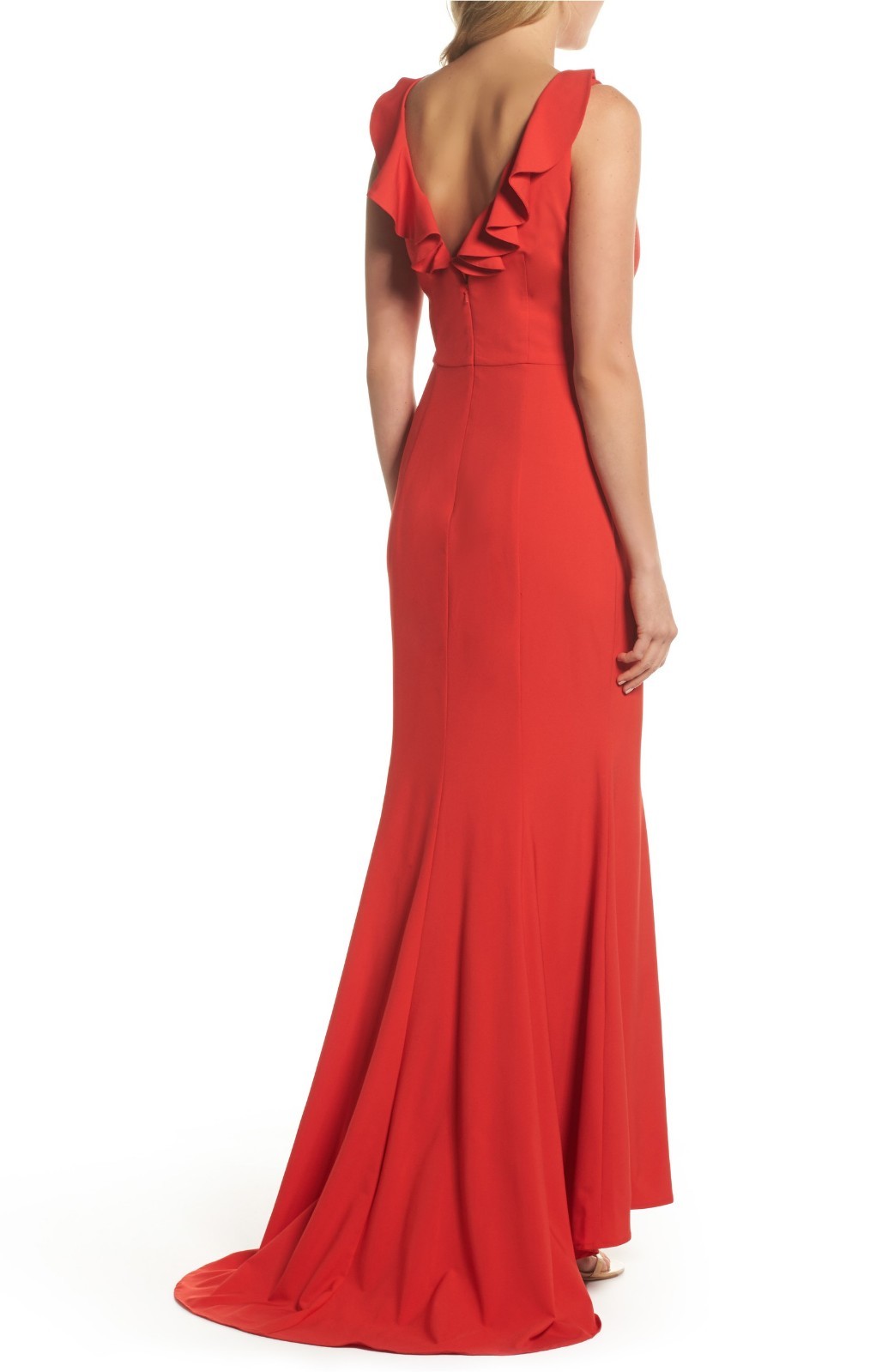 JARLO Red Jemima Ruffle Open Back Mermaid Flare Gown w/ Train 4 US = Small M883