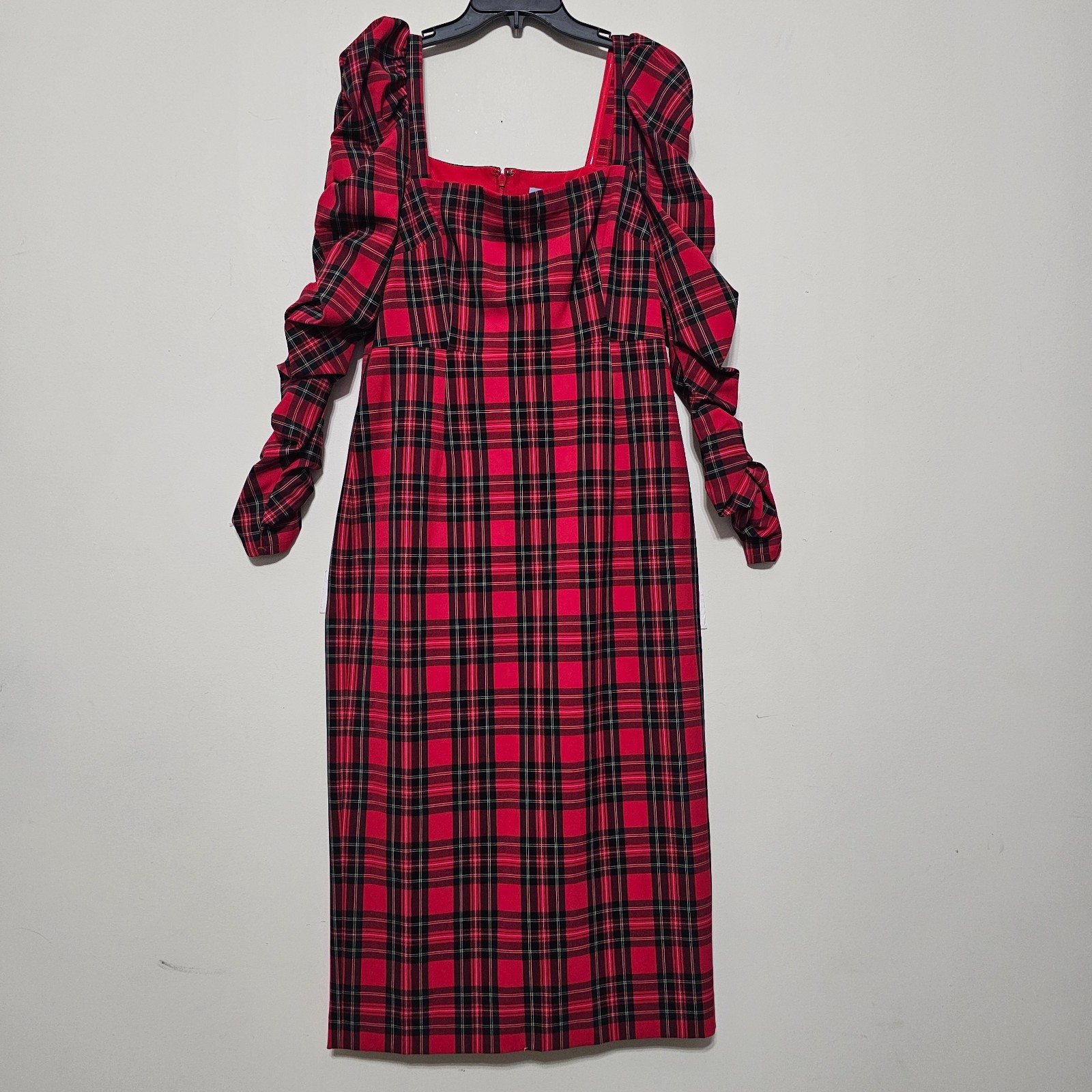 Antonio Melani Dress 8/Medium Red Black Plaid Midi Long Sleeves Square Neck 1079