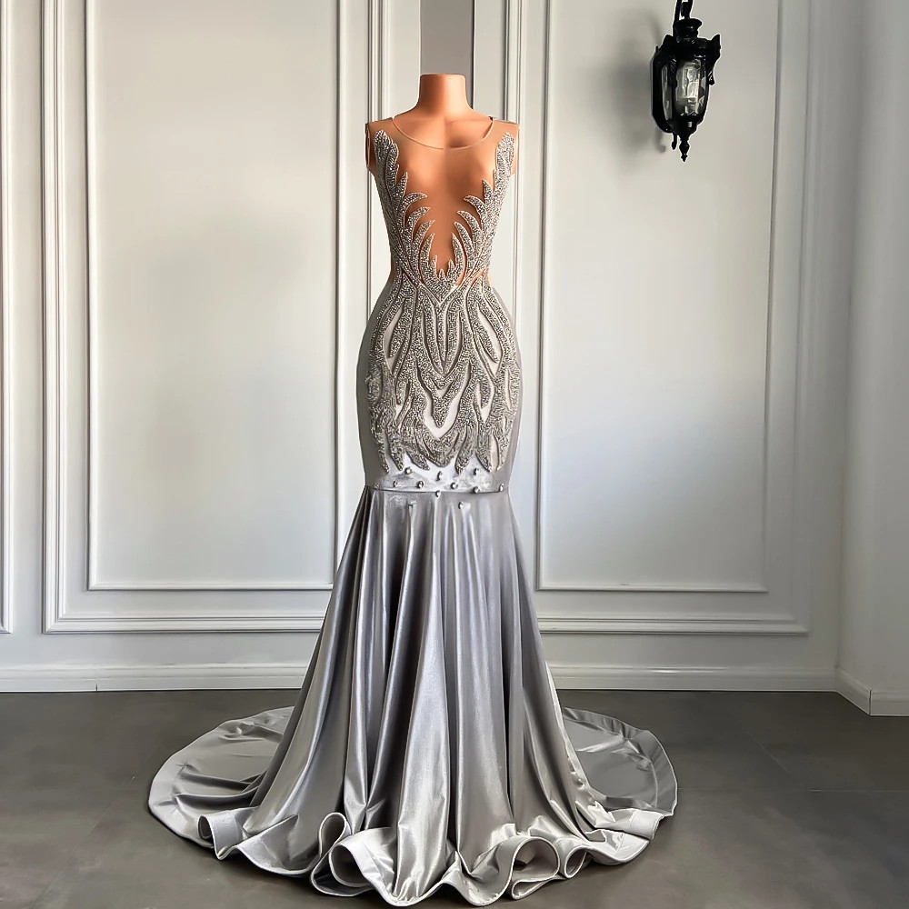 Sexy Sheer See Through Top Women Prom Gowns Luxury Sparkly Diamond Silver