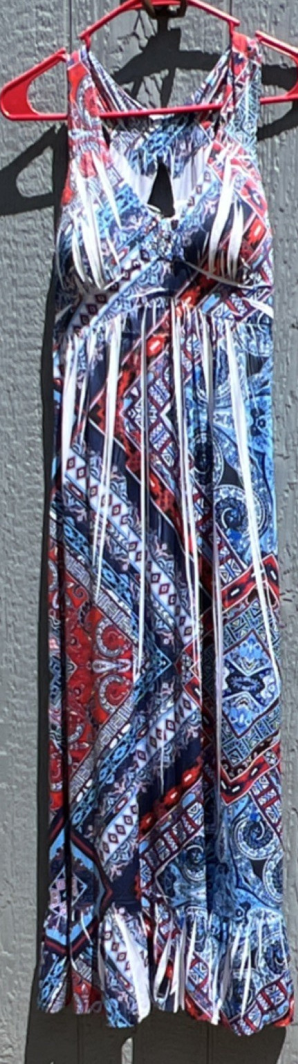 USA party dress Style & Co. Beaded Geometric Maxi Summer Dress Blue Red White