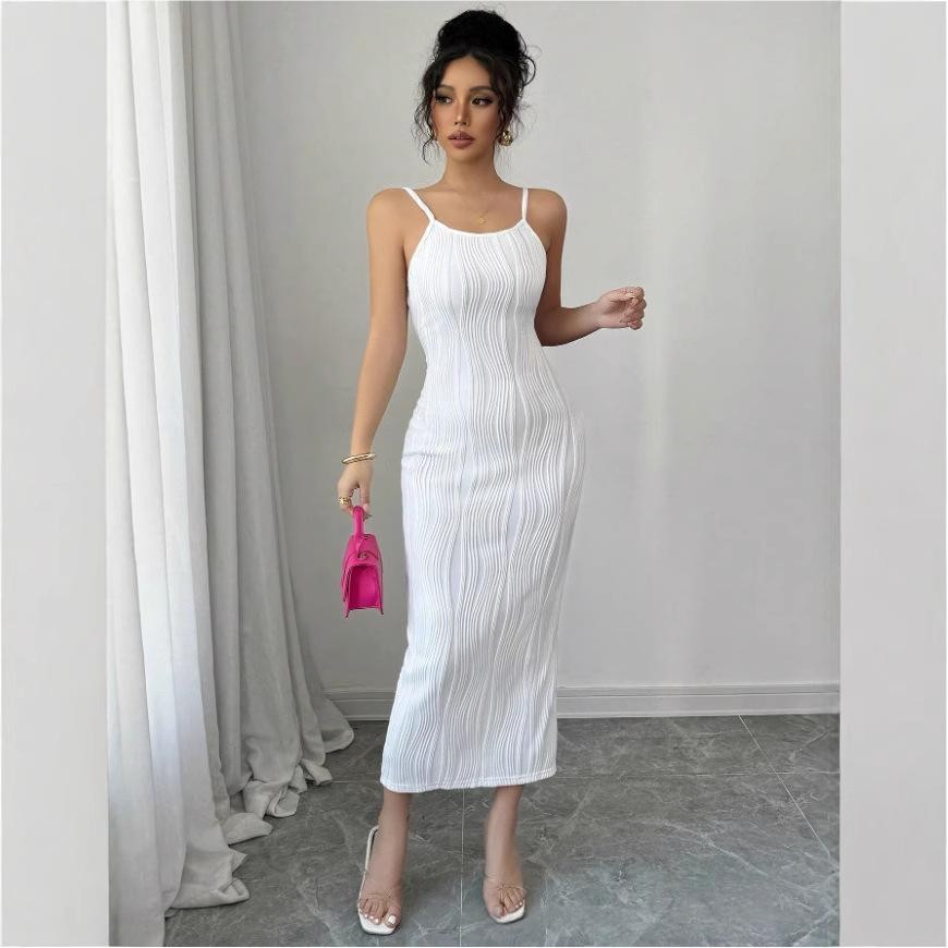 Womens Solid-Color Backless Slit Casual Dress