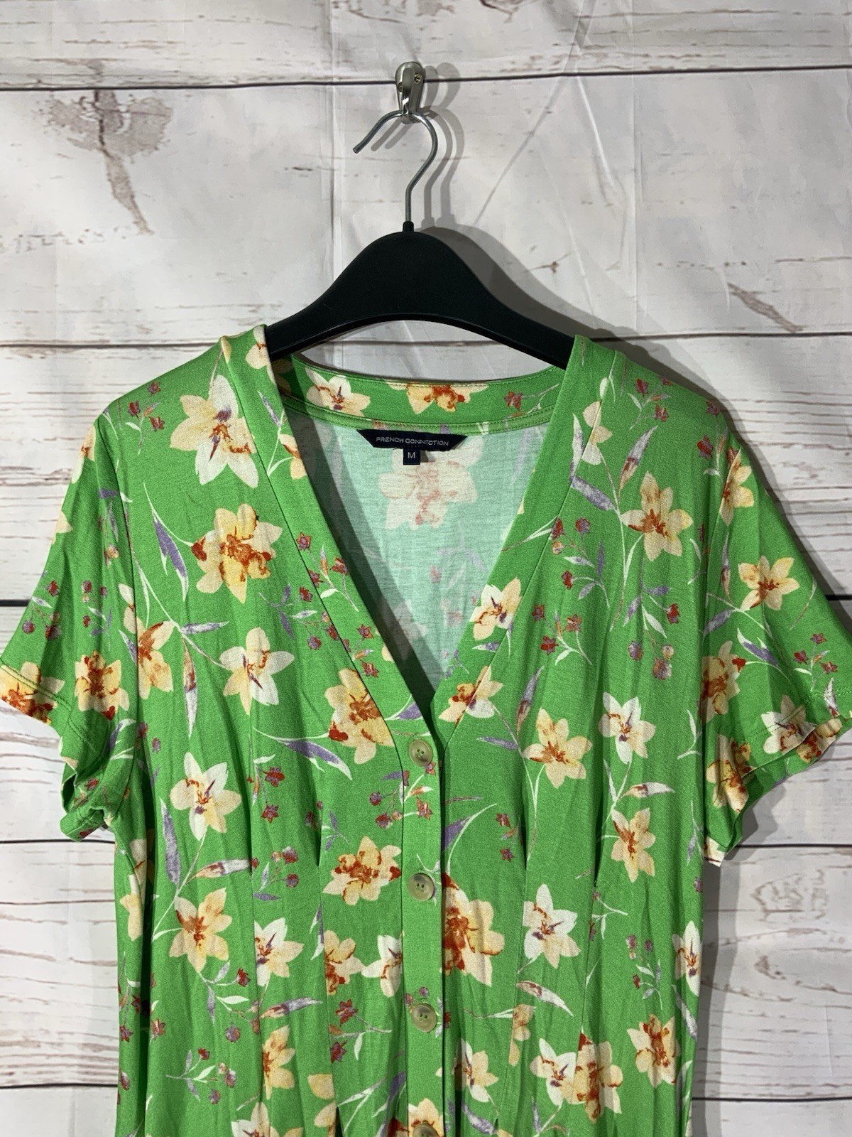 French Connection Women’s Short Sleeve Button Up Dress M Green Floral (A33)