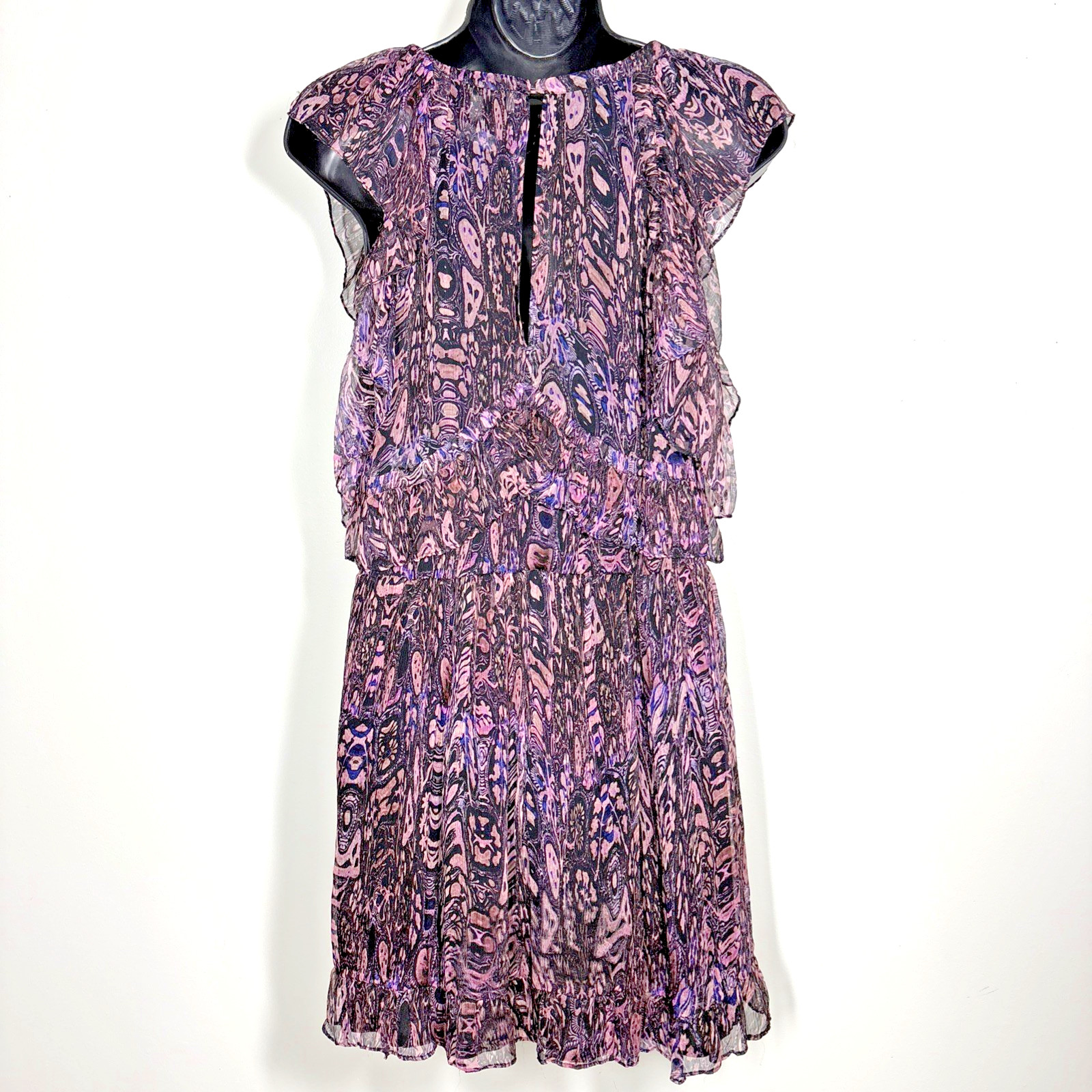 IRO Glorie Mini Dress 36 Small Pink black crinkle Ruffle Short Keyhole Viscose