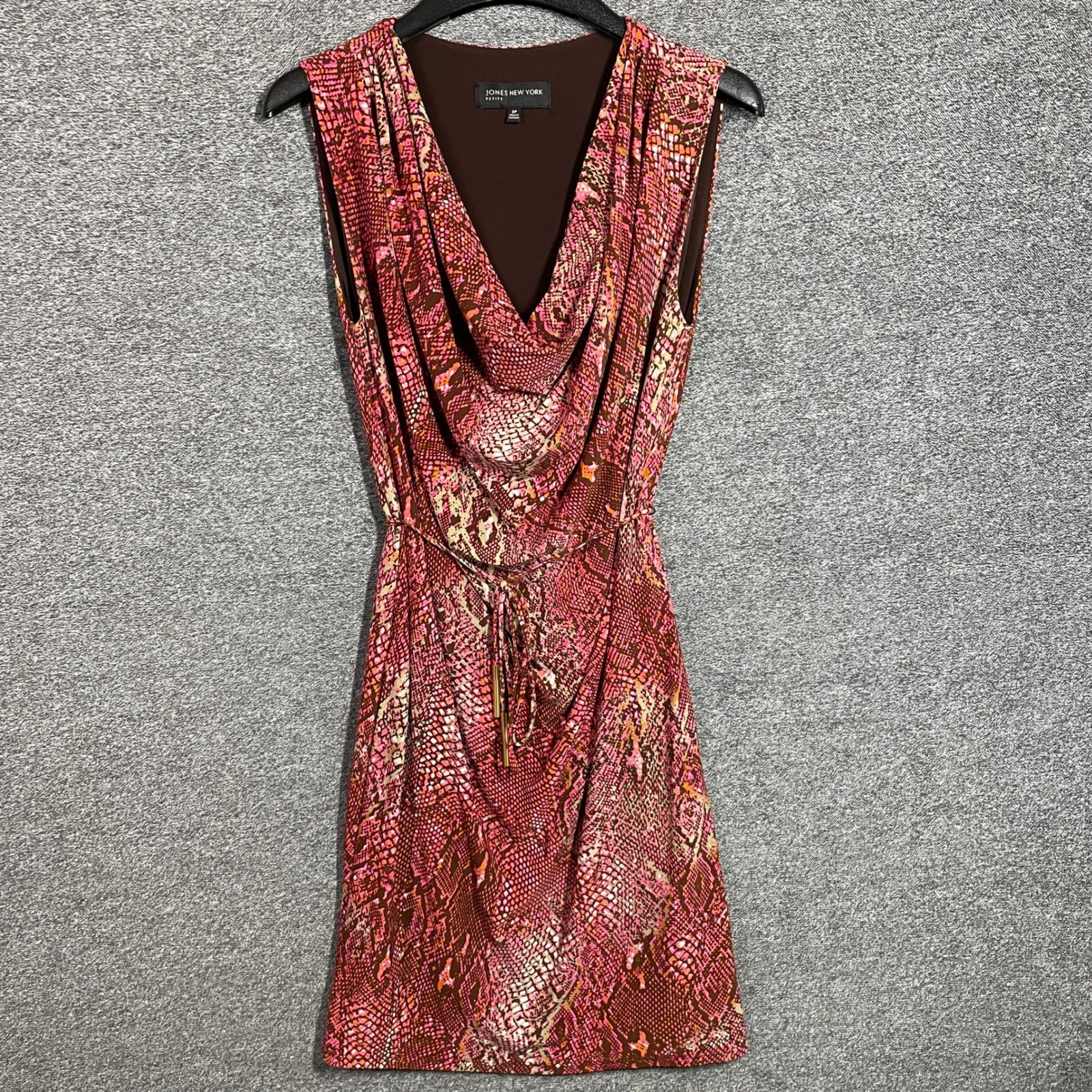 Jones New York Dress 2P Pink Snakeskin Cowl Neck Sleeveless Belted
