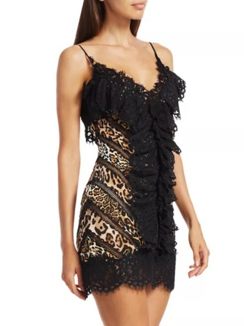 AMEN Lace Animal-Print Silk V-Neck Spaghetti Strap Slip Mini Dress, IT 38 (US 0)