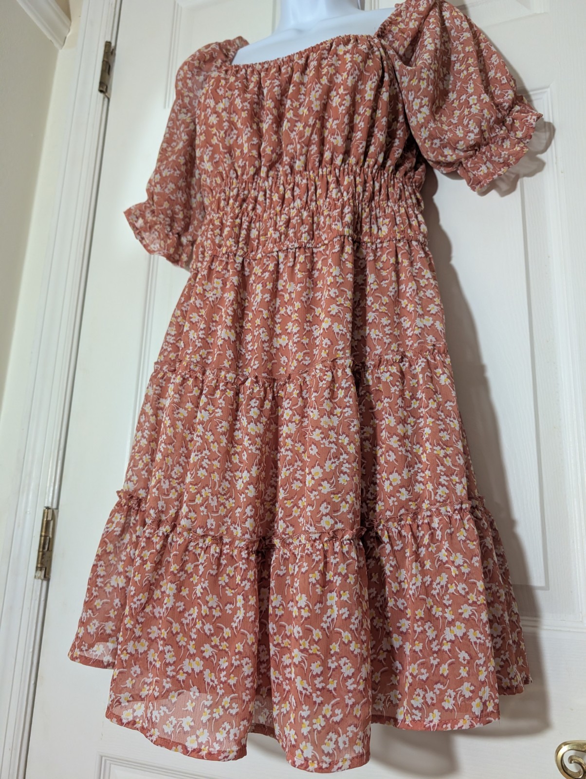 Trixxi Floral Smocked Puff Sleeve Square Neck Mini Dress Pink/Peach Size Large