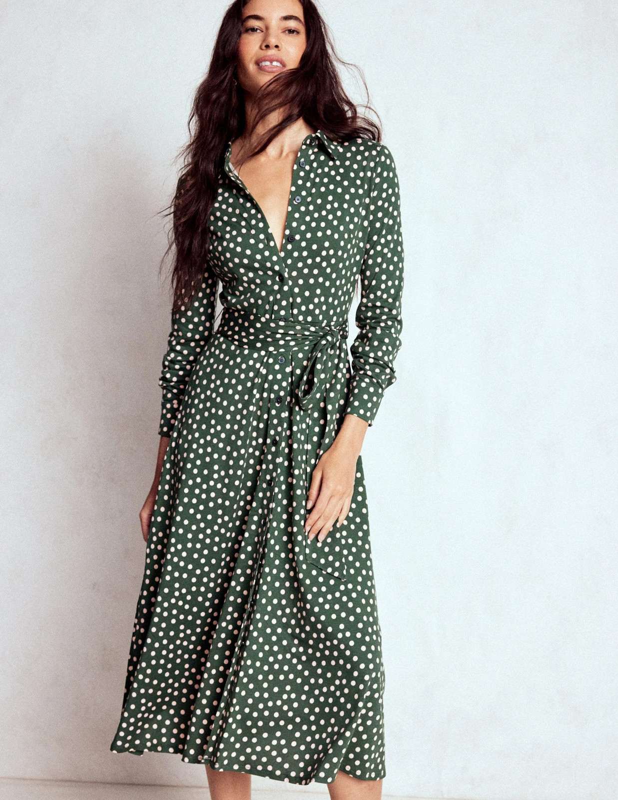 Boden Marcia Polka Dot Midi Shirt Dress Women’s 6 reg Green Jersey Knit Classic