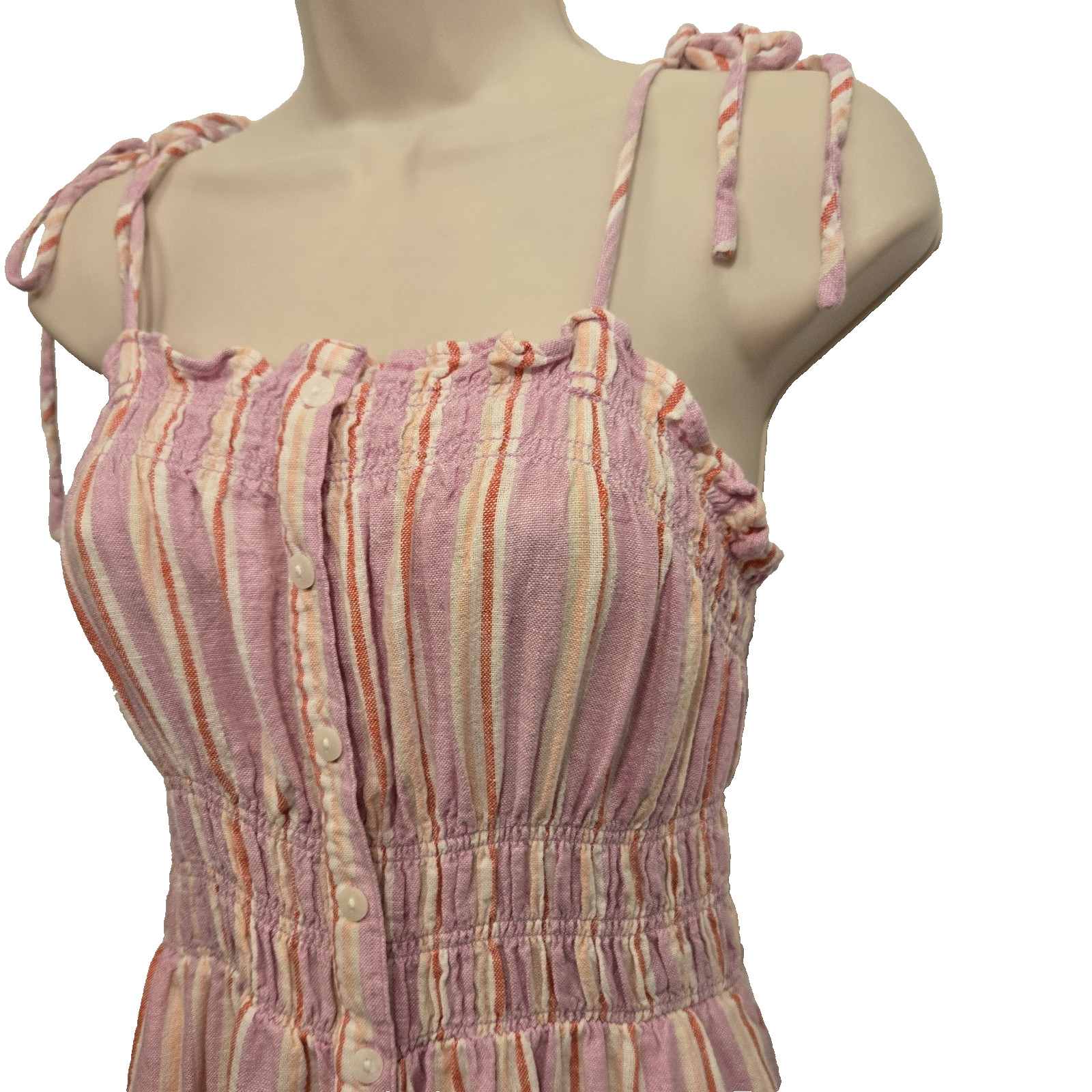 Pink Striped Smocked Linen Blend Midi Dress Tie Shoulder Button Summer Beach S