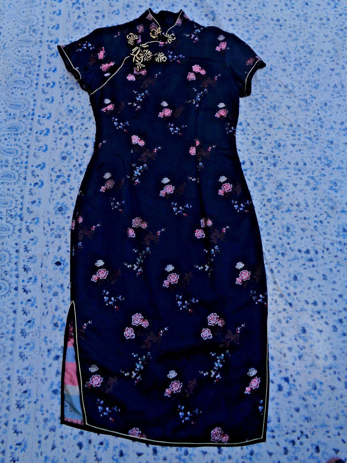 Black Cheongsam dress long flowers small satin