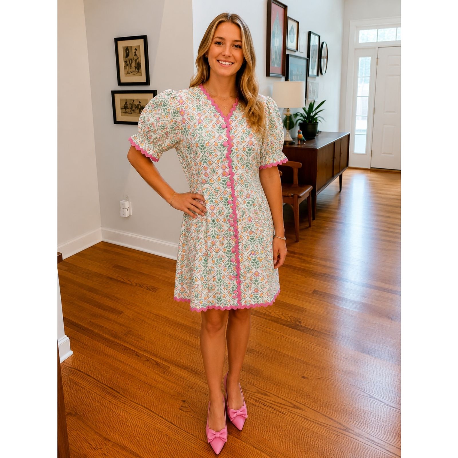 Shop the Mint Floral Ric Rac Mini Dress Size Large Pink Green EUC