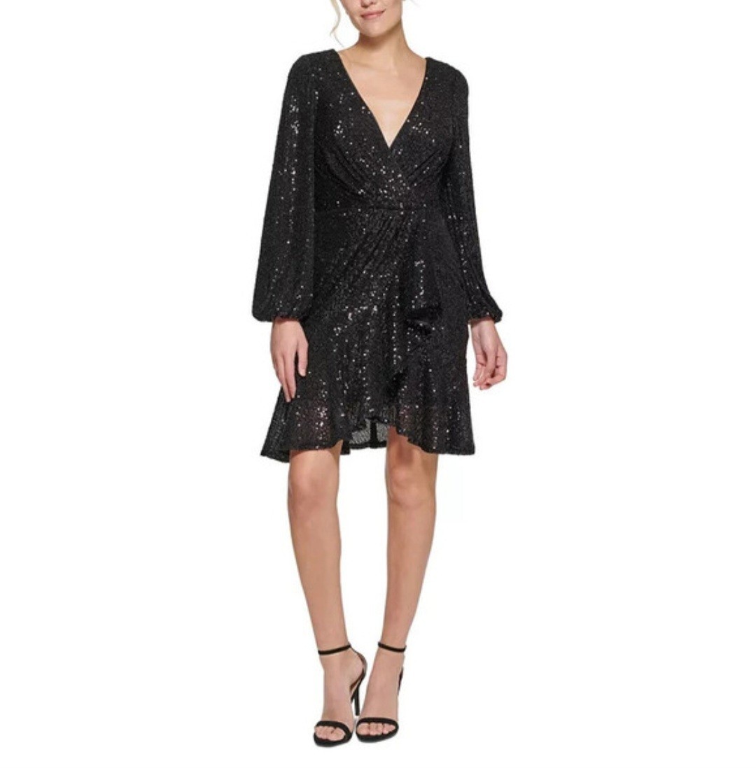 Eliza J Sequined Dress Women’s 10 Black Faux Wrap Balloon Sleeves V Neck NWT