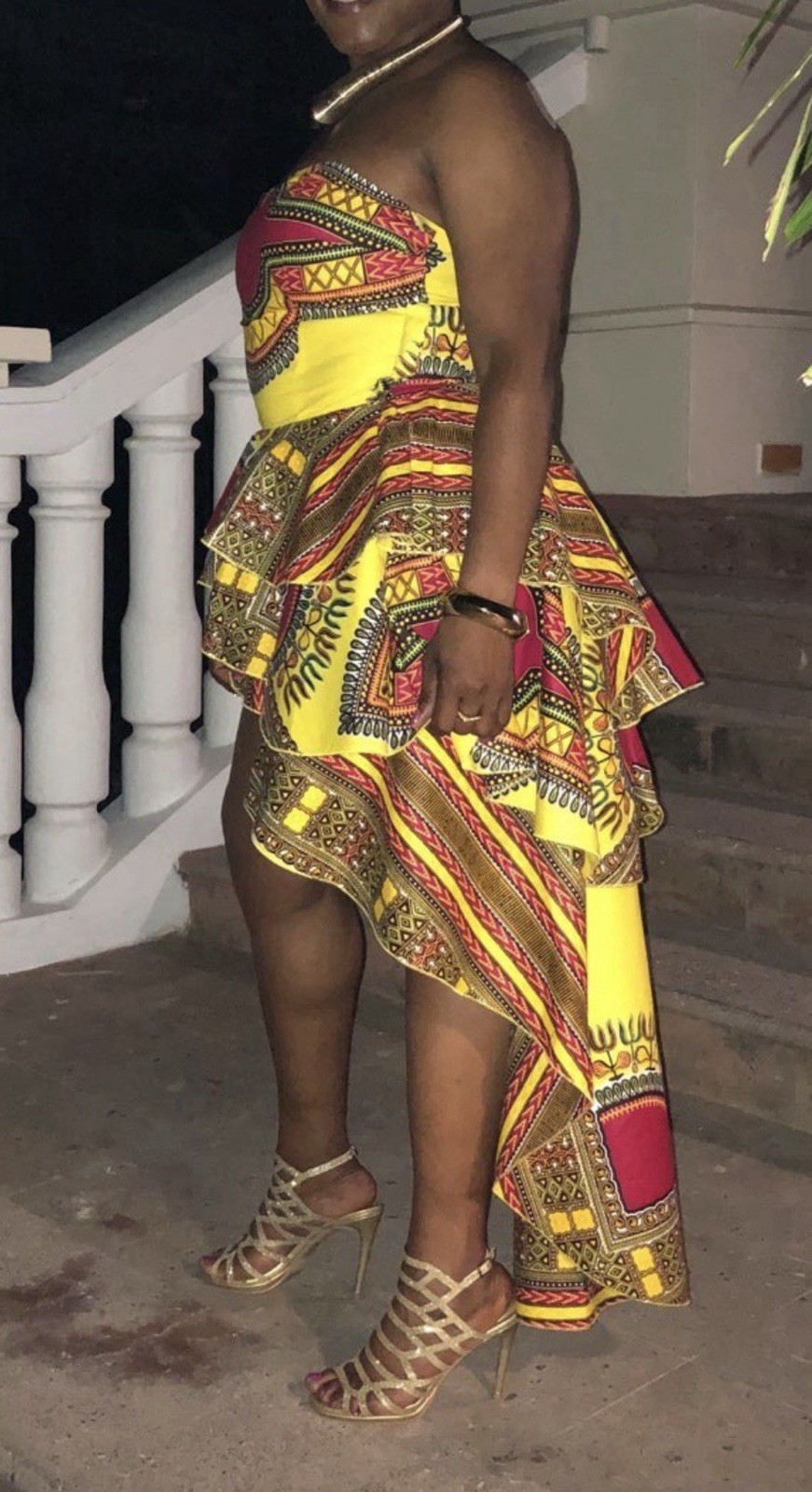 African Ankara Geometric Strapless Sweetheart Hi-Low Ruffle Dress One Size