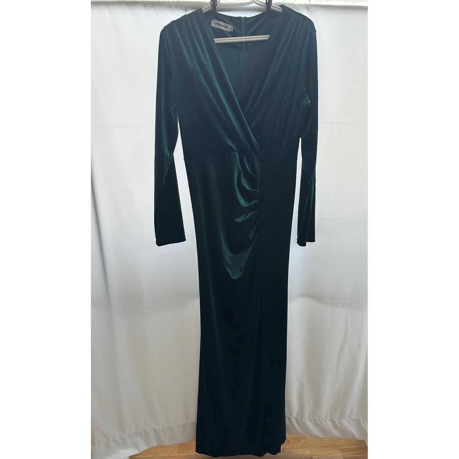 Ababalaya Women’s Christmas Emerald Green Velvet Ruched Long Sleeve Dress XL