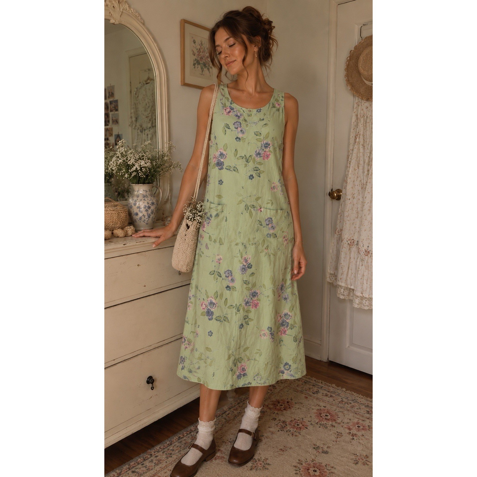 VTG 90s AKS Amy K Su Overall Jumper Dress Green Floral Maxi Cottagecore XL