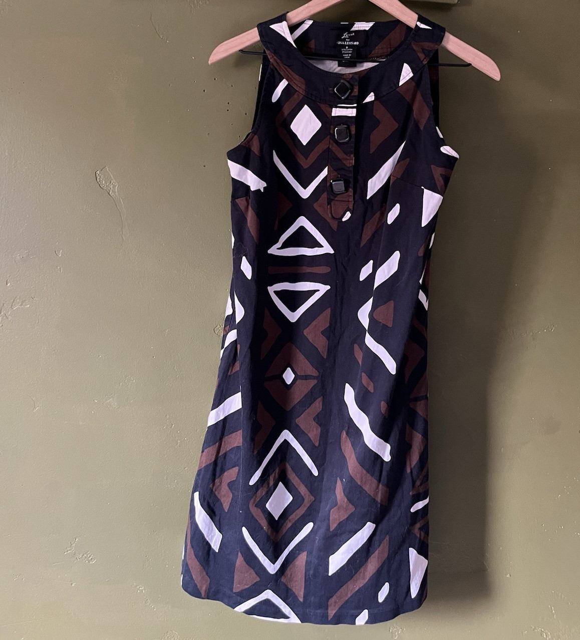 Vintage Lemmie for Nina Leonard Geometric Shift Dress Unique Buttons Black Sz 8