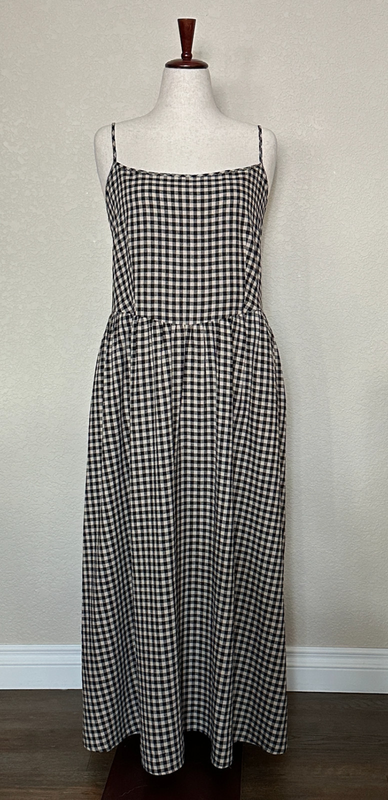 GAP Black Ivory Gingham Linen Blend Drop Waist Dress XL Pockets NWT