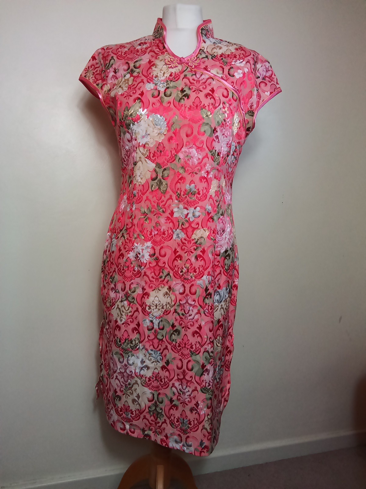 Chinese Mandarin Collar Fitted Dress Coral Yellow Gold UK 12-14 Summer Wedding