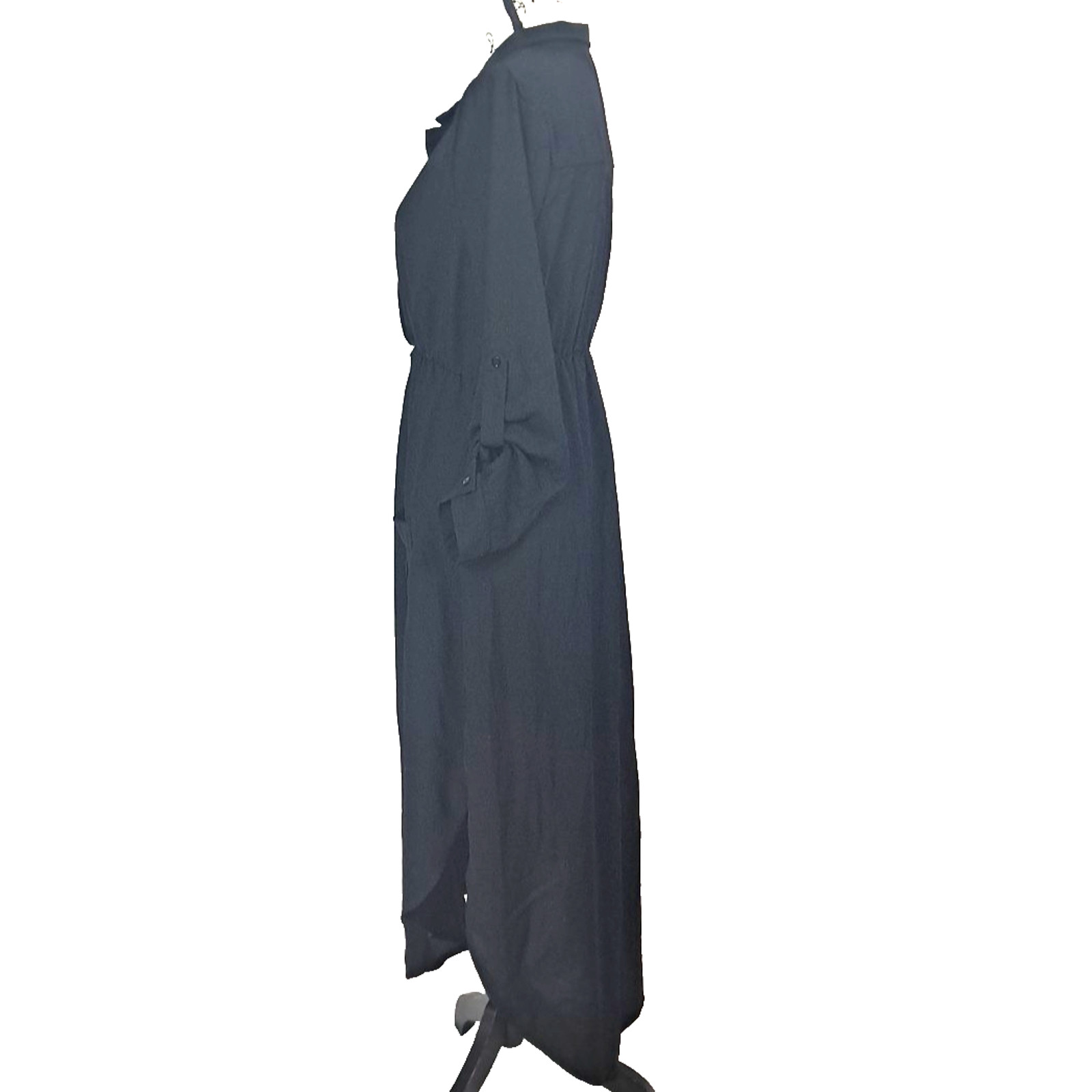 Faux Wrap Split Skirt Roll Tab Sleeve Maxi Dress Size L Black Goth Vamp Festival