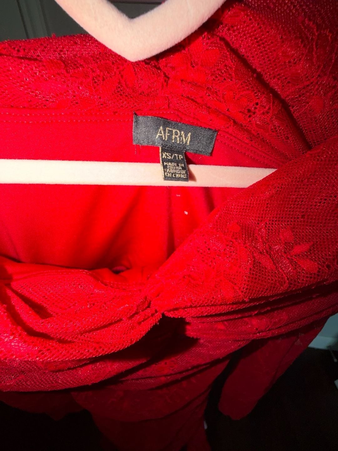 AFRM Fay Off-The-Shoulder Long Sleeve Lace Bodycon Mini Dress in Red