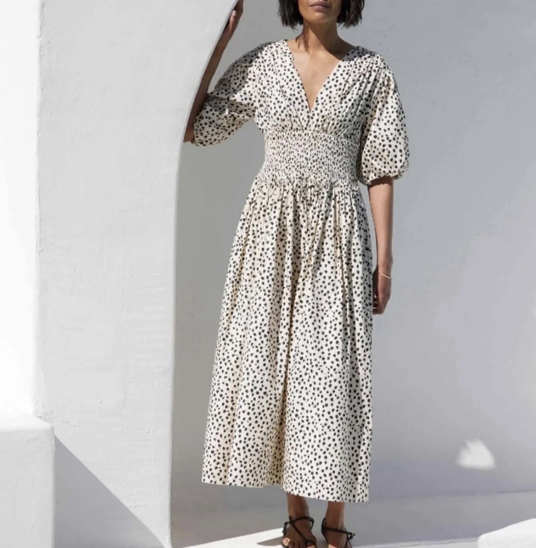 AYR The Extra Extra Smocked Puff Sleeve Midi Dress Soft Spot Beige Size S NWOT