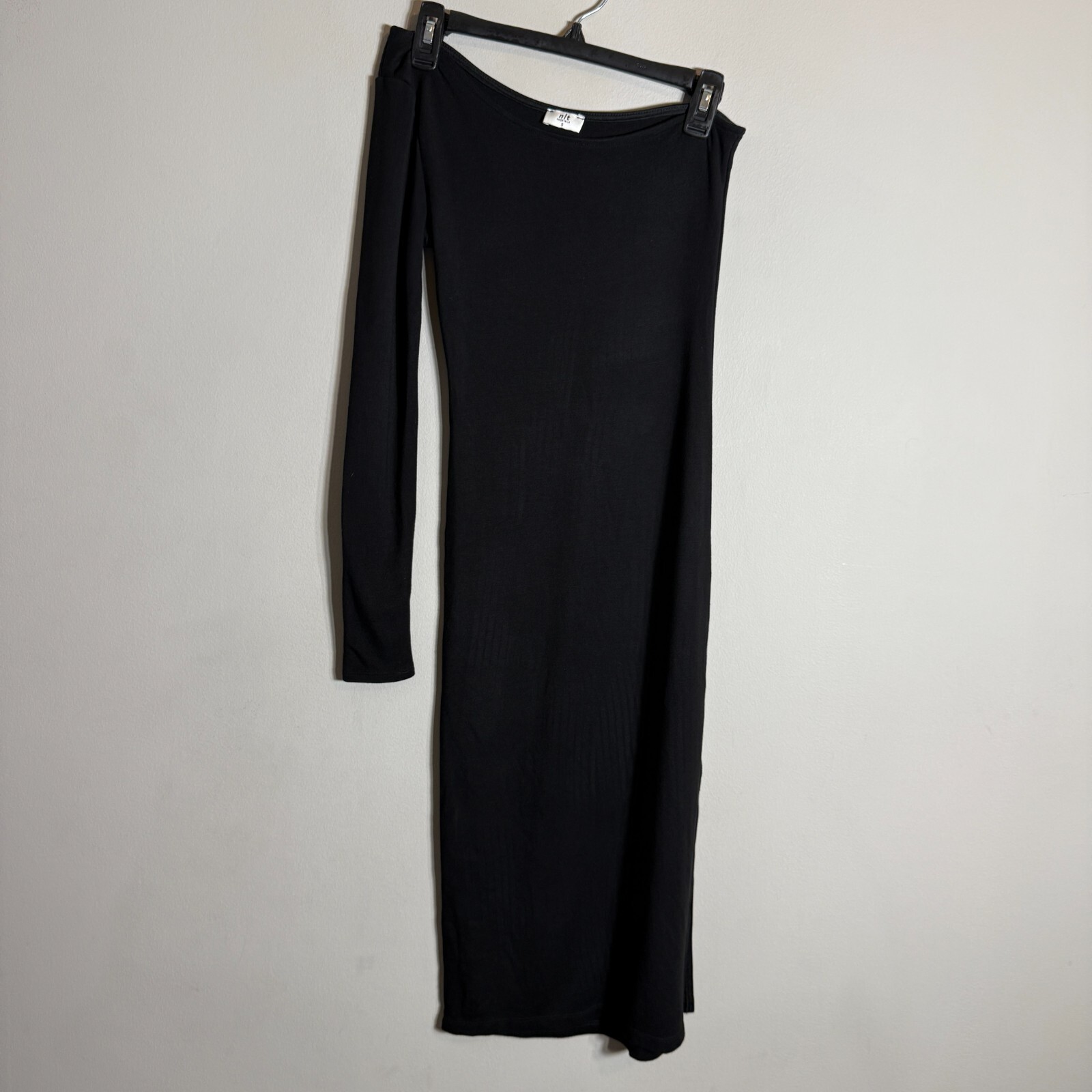NLT One Shoulder Jersey Bodycon Midi Dress Women’s Small Black Side Slit LBD