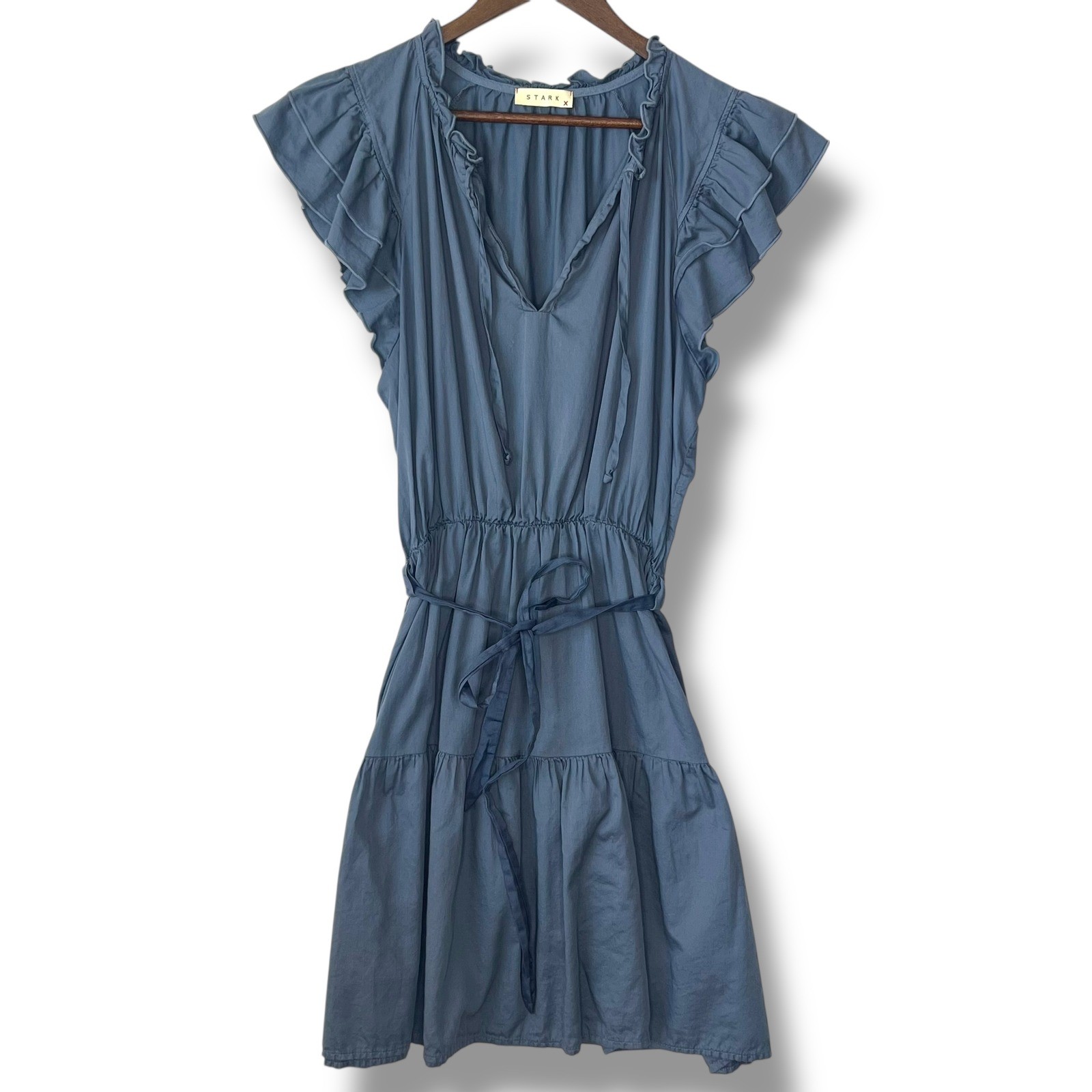 STARK X Austin Dress Blue 100% Cotton Ruffle Tiered Tie Waist S Prairie Cottage